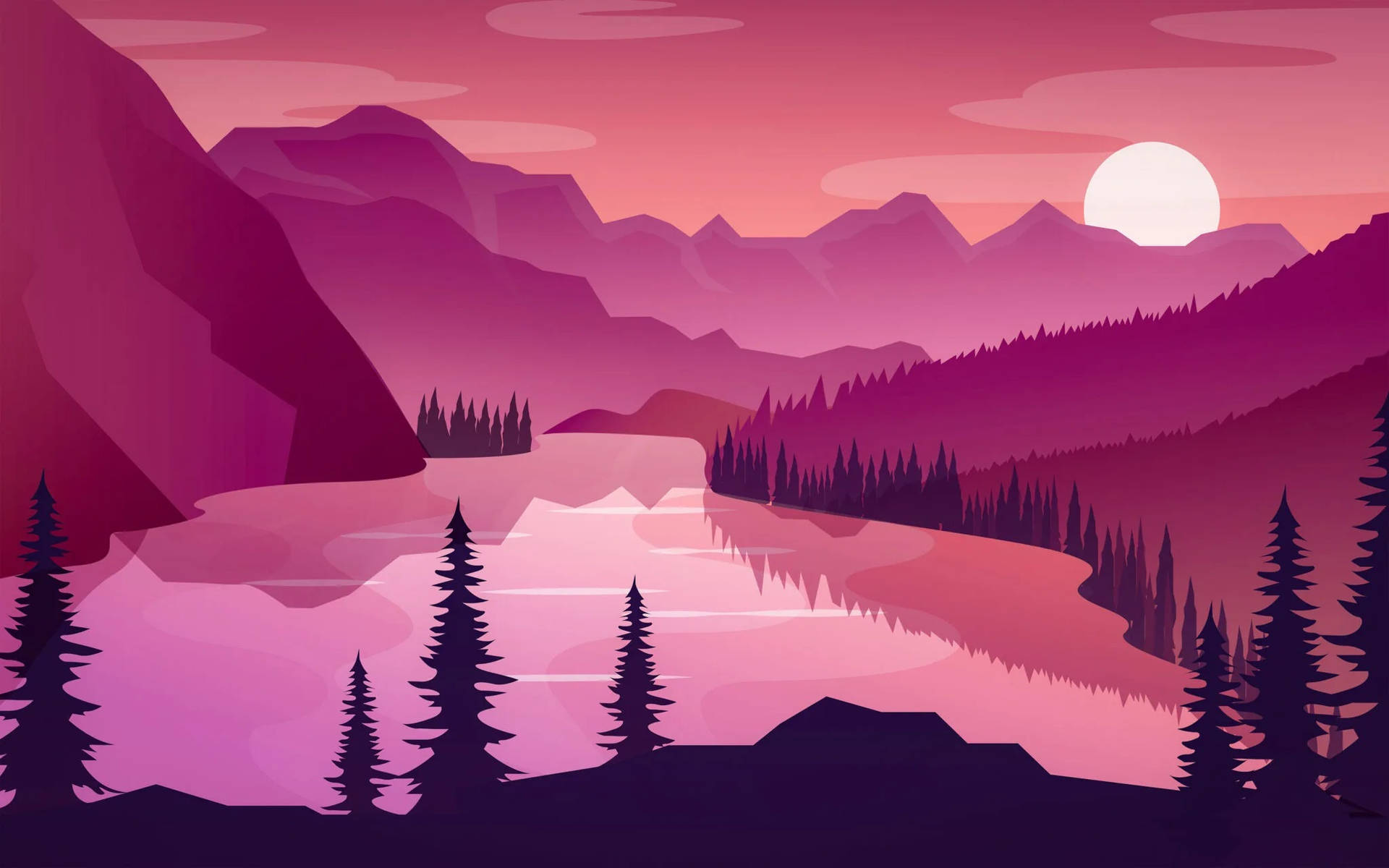 4k Flat Illustration Art Of Pink Sky, Mountains And River Wallpaper