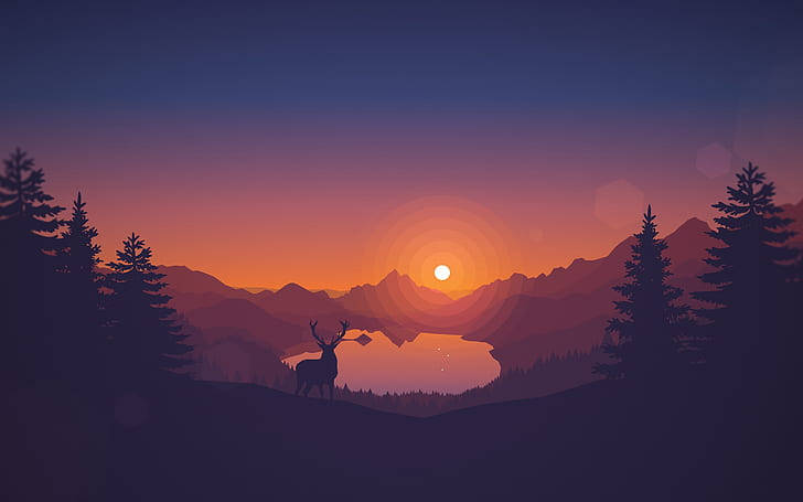 4k Flat Sunset Reindeer And Pine Trees Wallpaper