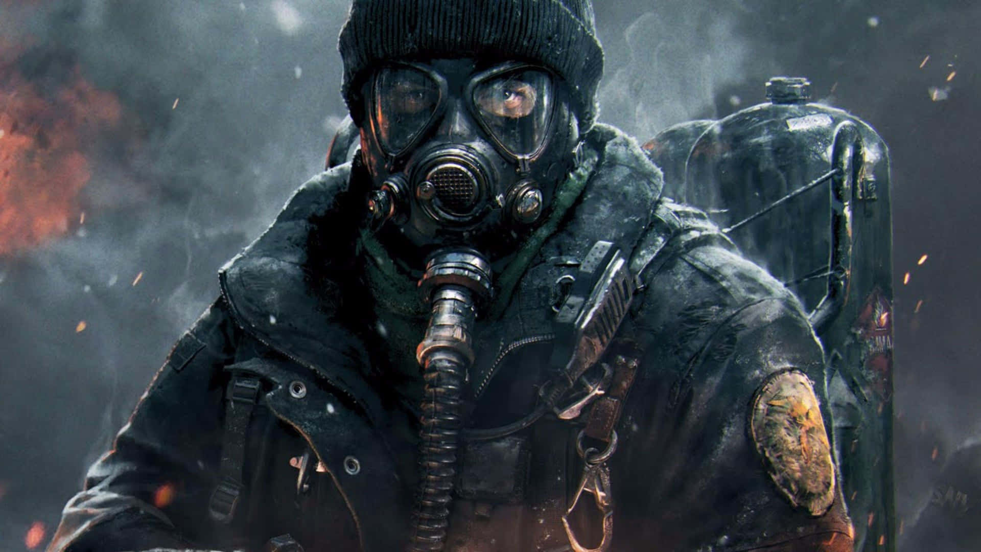 A Man In A Gas Mask Is Holding A Gun