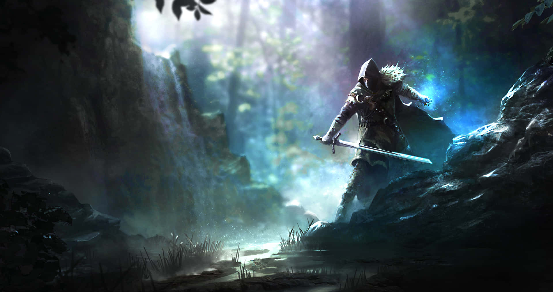 A Man With A Sword Is Standing In A Forest