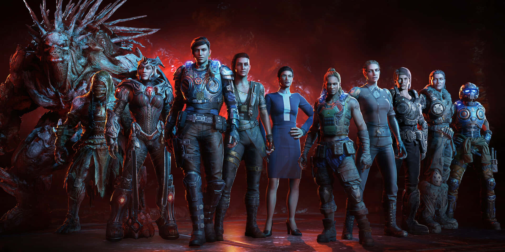 A Group Of Characters Standing In Front Of A Dark Background