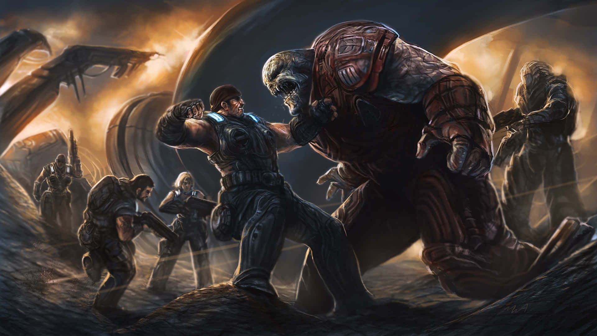 a group of people fighting in a dark environment