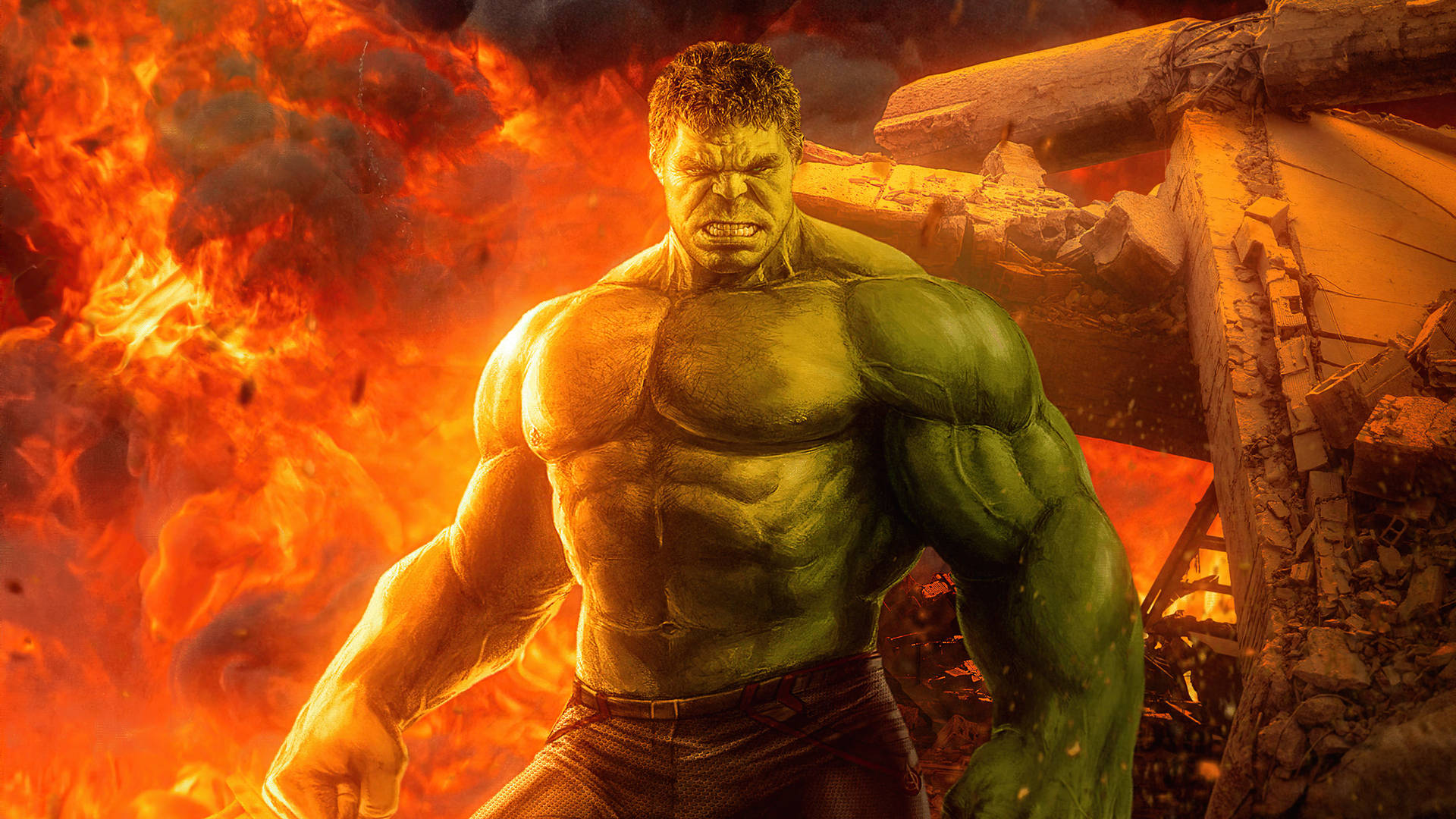 4k Hulk Standing Up Against Smoky Flame Background