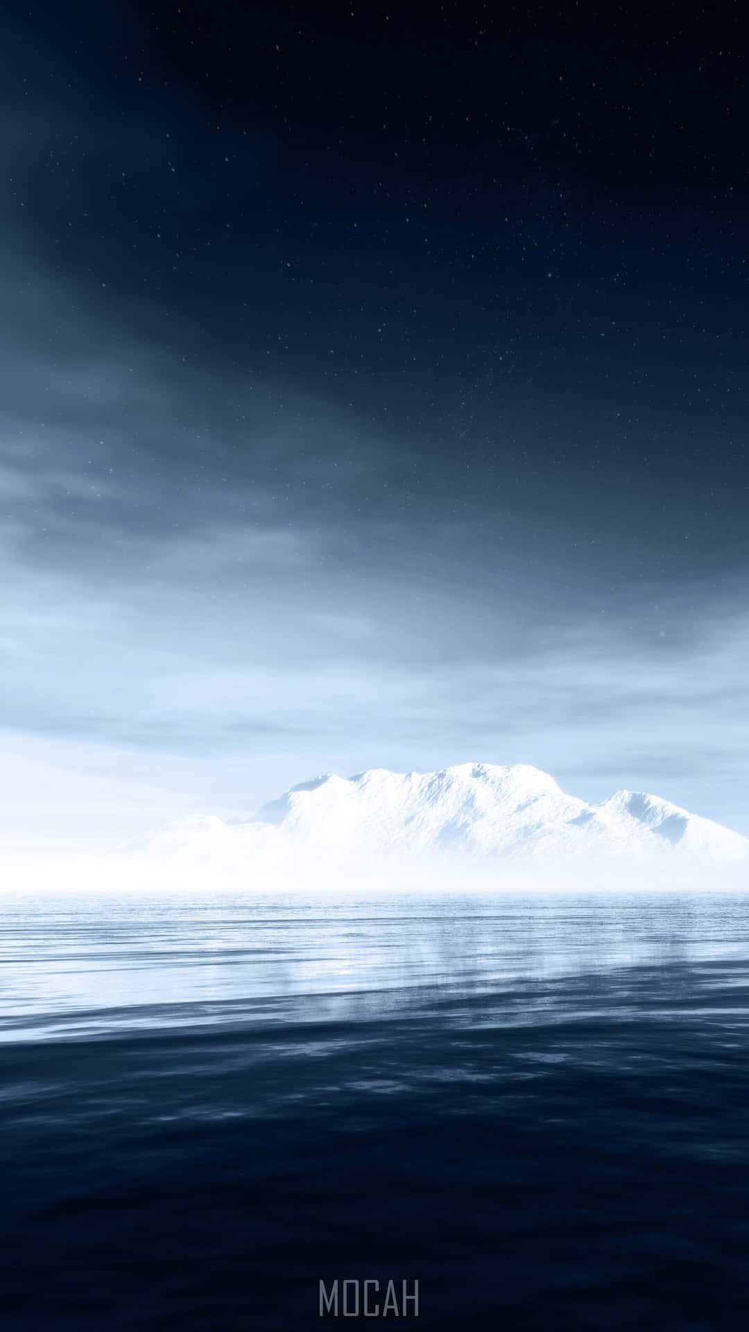 A Blue Sky With Mountains And Clouds Over The Water Wallpaper