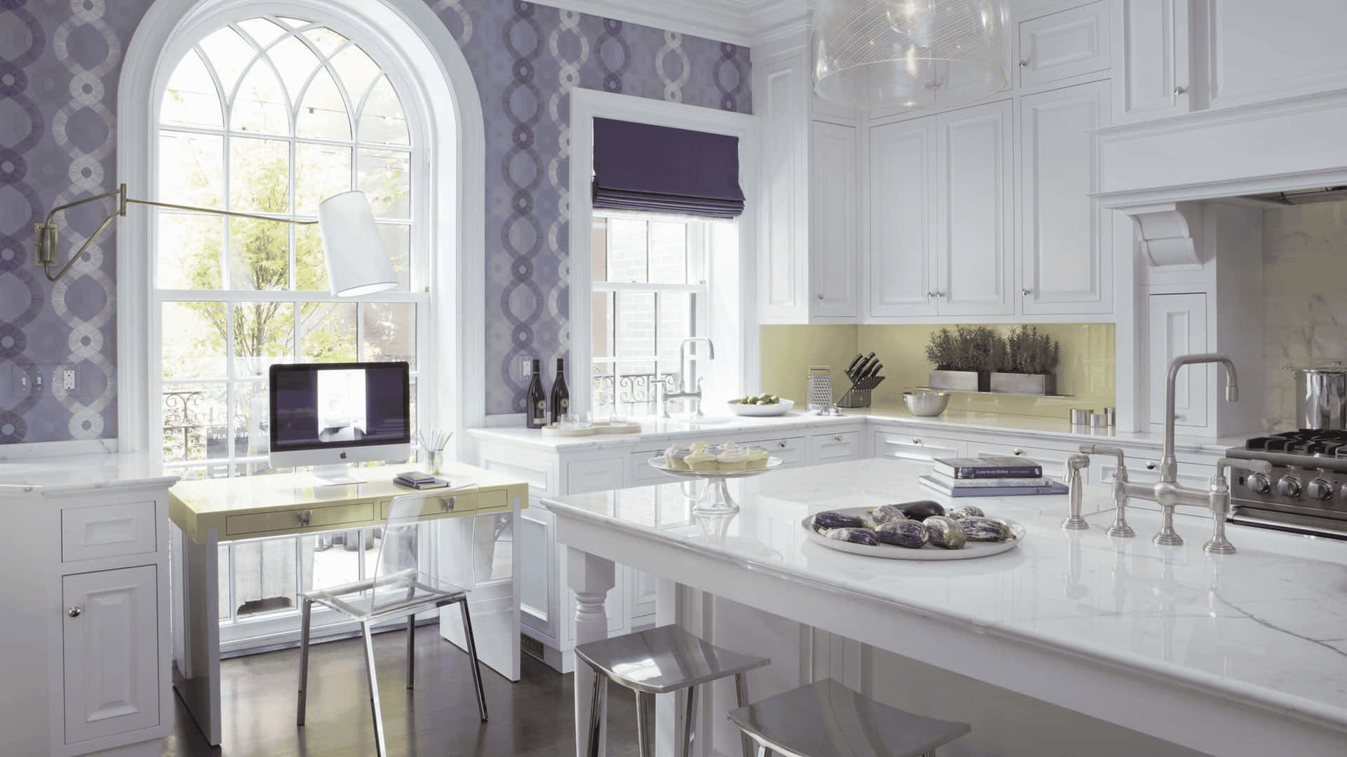 A White Kitchen With A Purple Wallpaper