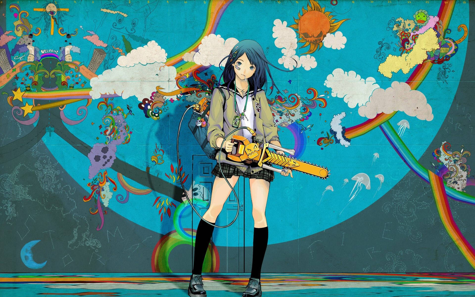 En pige med en kædesav, der står foran et farverigt baggrund Wallpaper