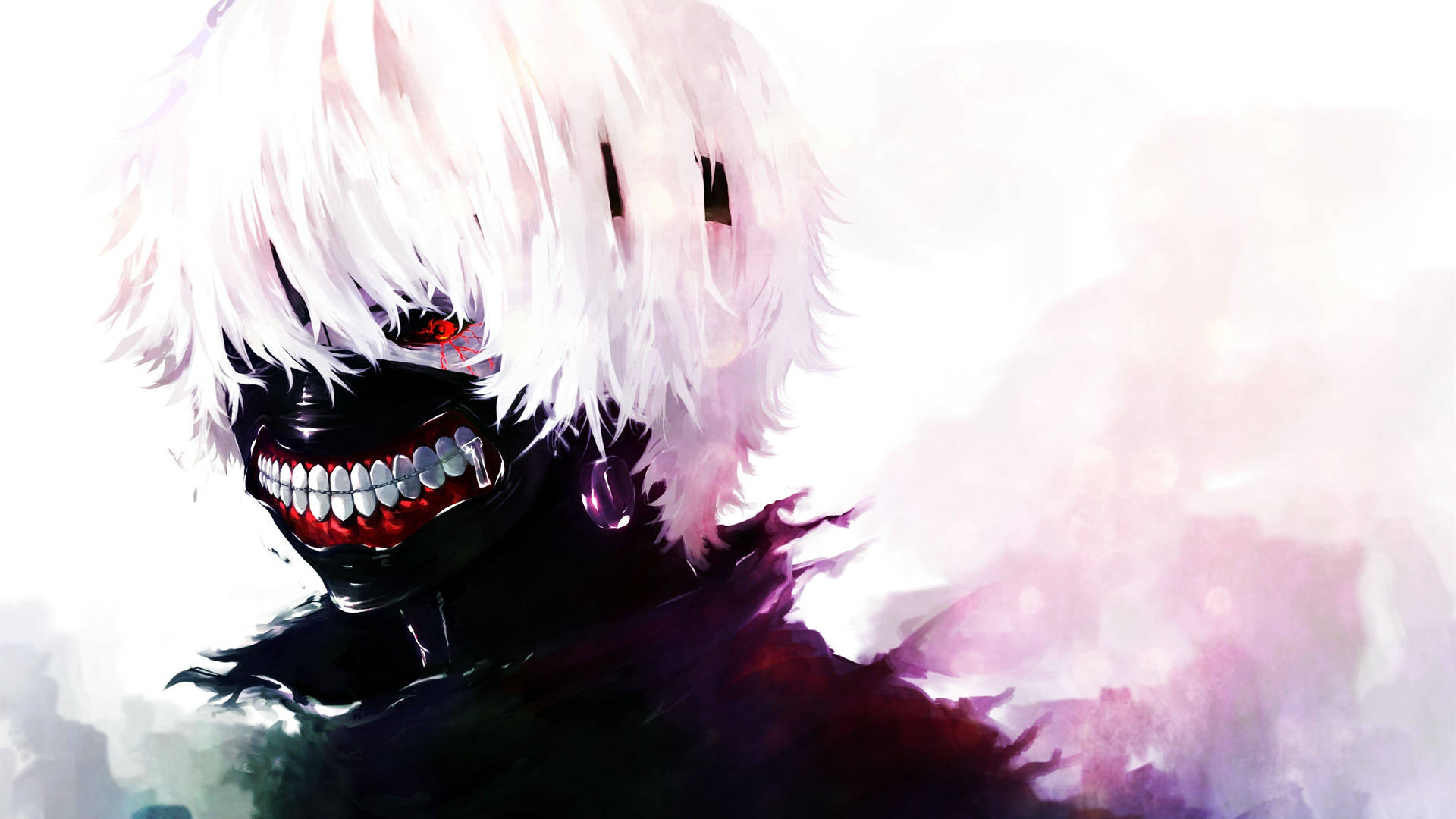 En hvid anime-karakter med røde øjne og hvidt hår Wallpaper