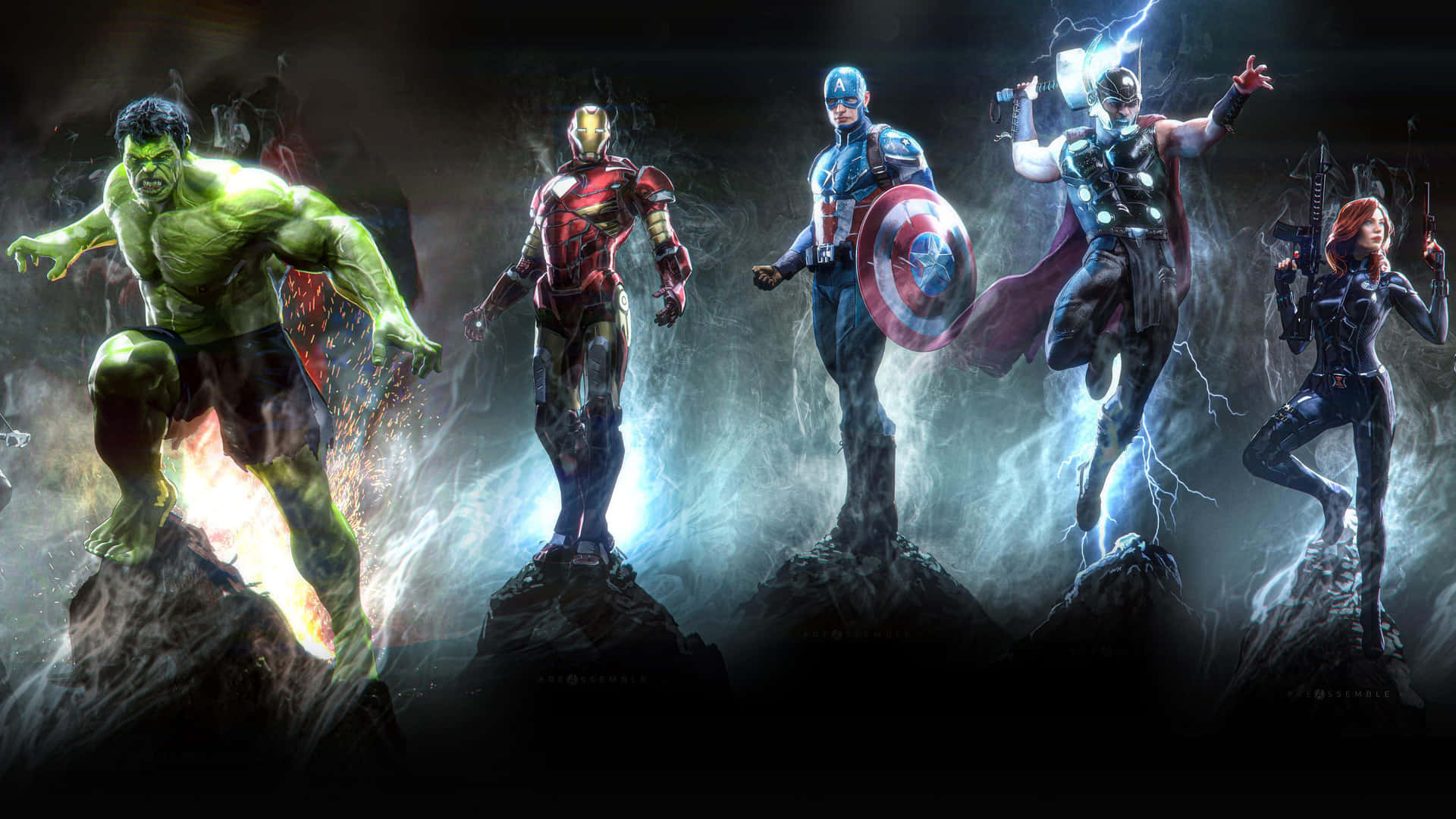 Avengers Characters Standing On A Dark Background