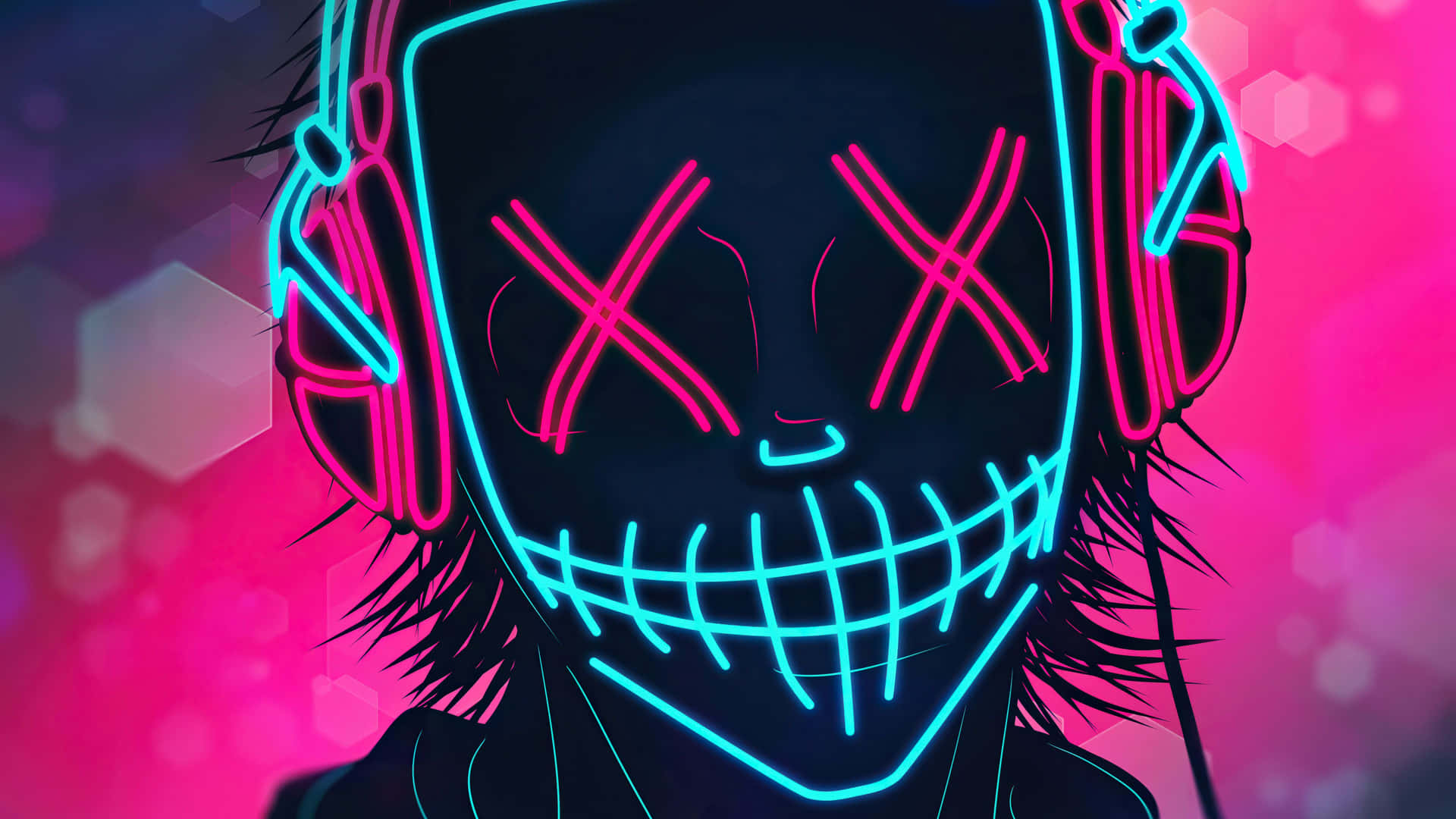 4k Mask Evil Dj Pink & Blue Neon Lights Art Wallpaper
