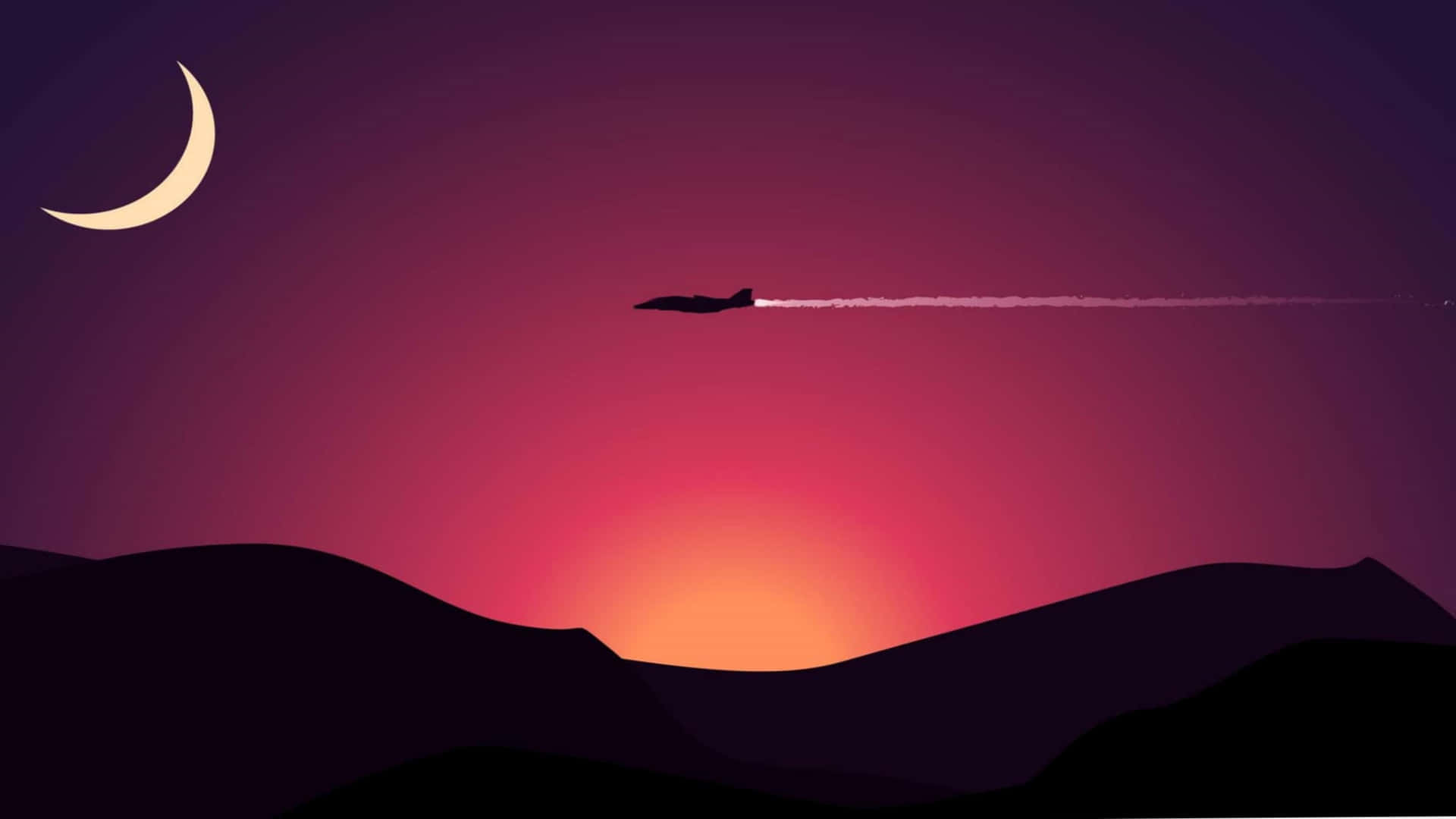4k Minimal Sunset Airplane Moon Wallpaper