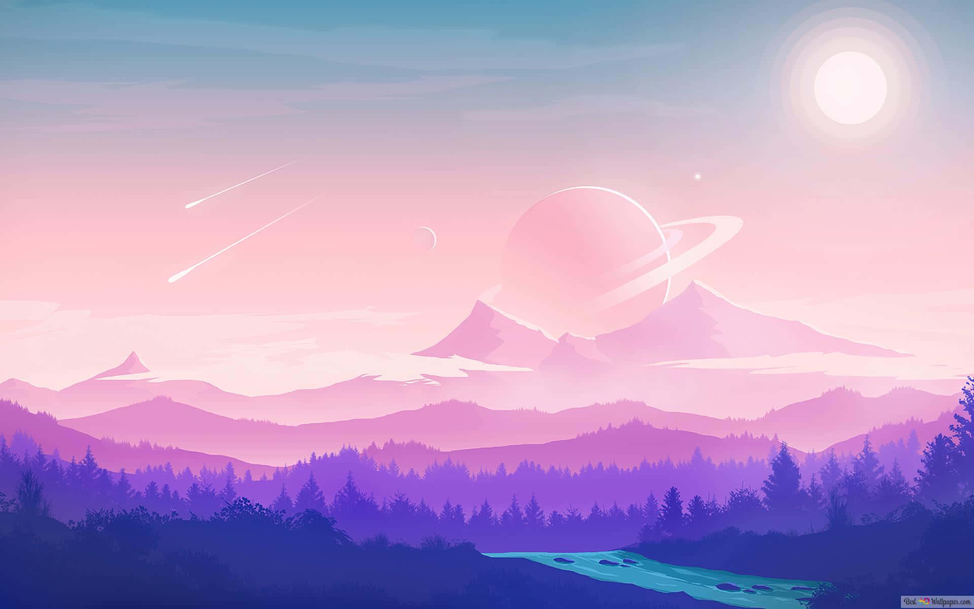 A Pink Landscape With Mountains And A Planet