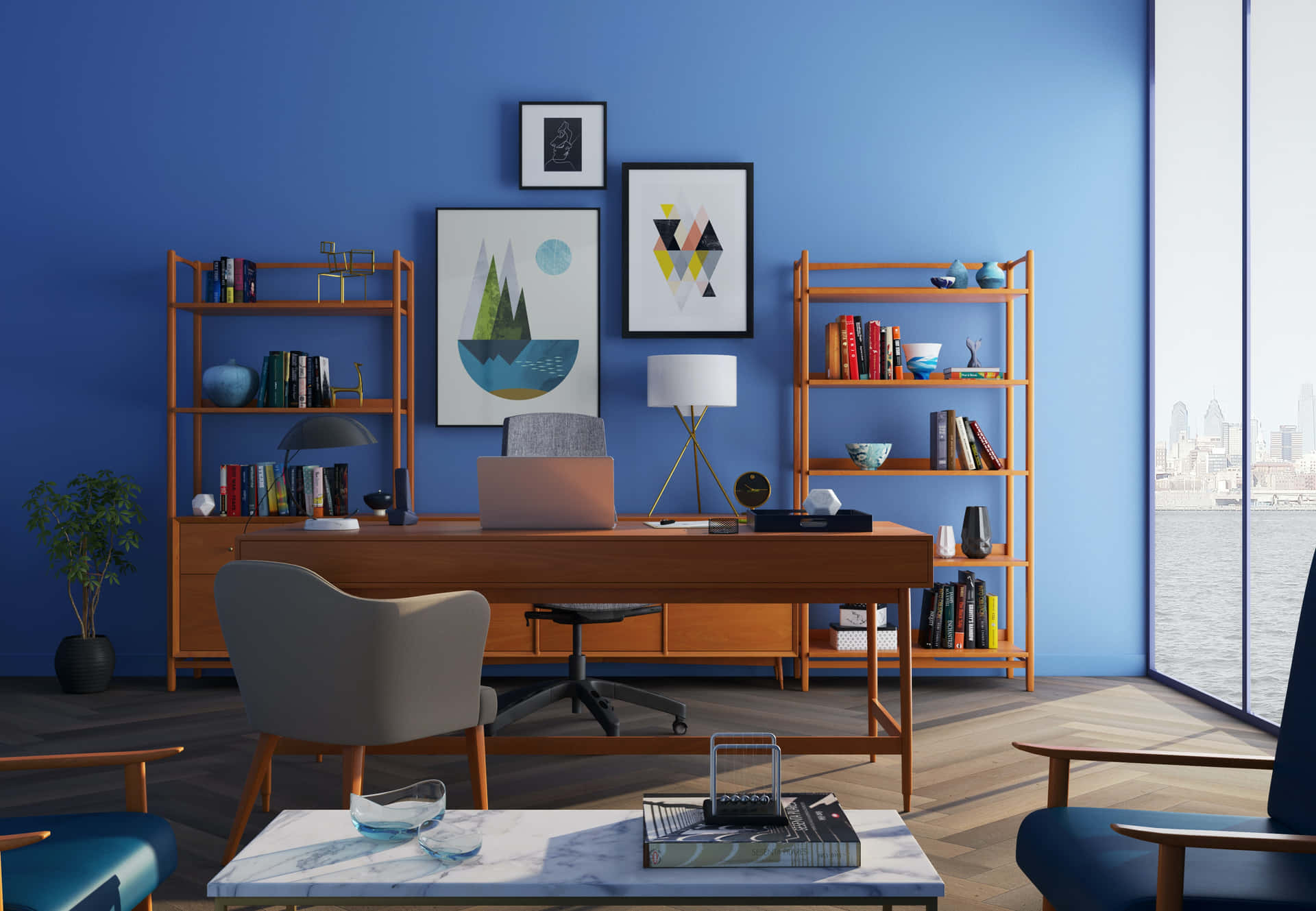 4k Wooden Office Blue Wall Background