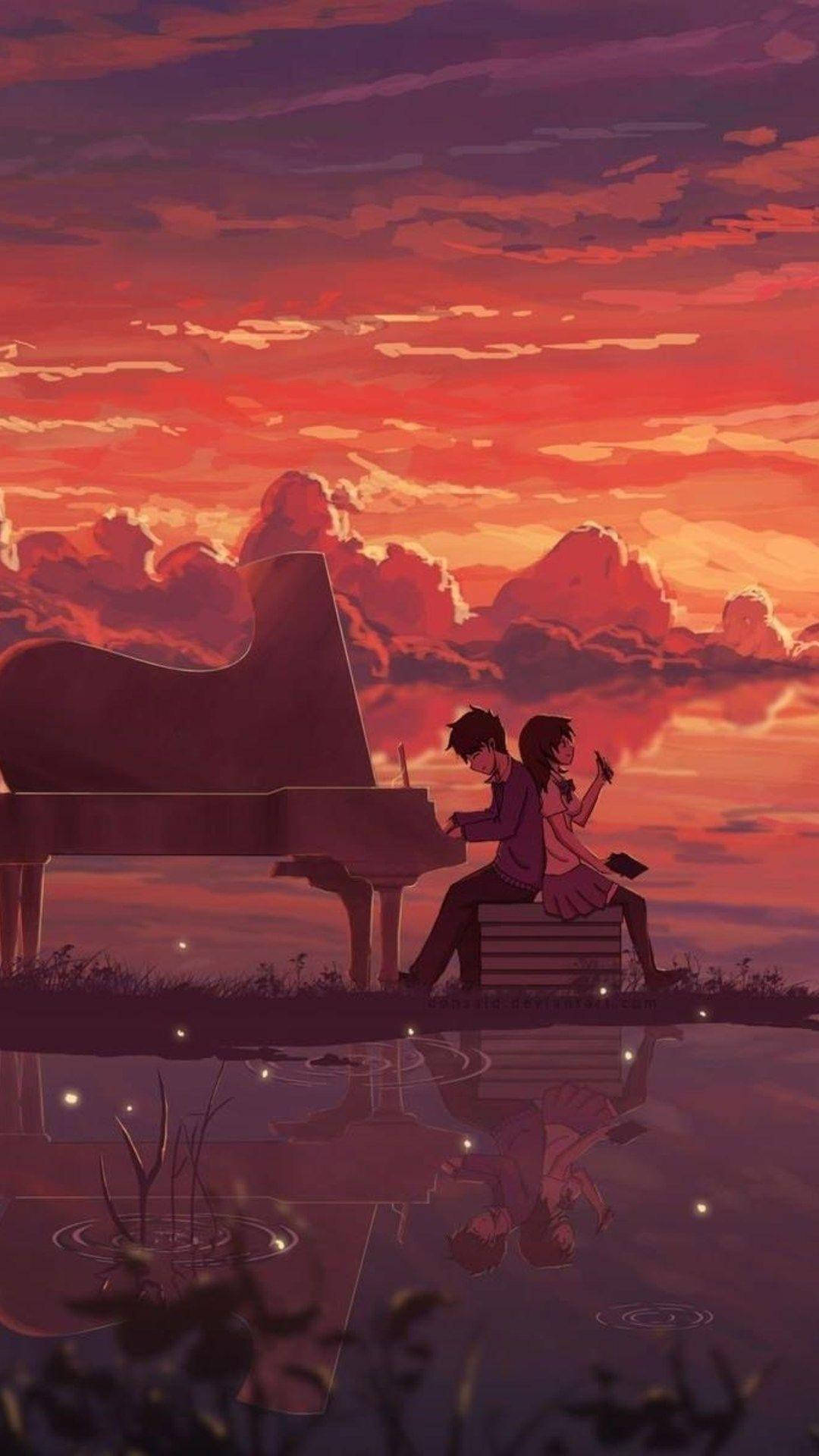 Download 4k Phone Background Anime Couple On Piano Wallpaper | Wallpapers .com