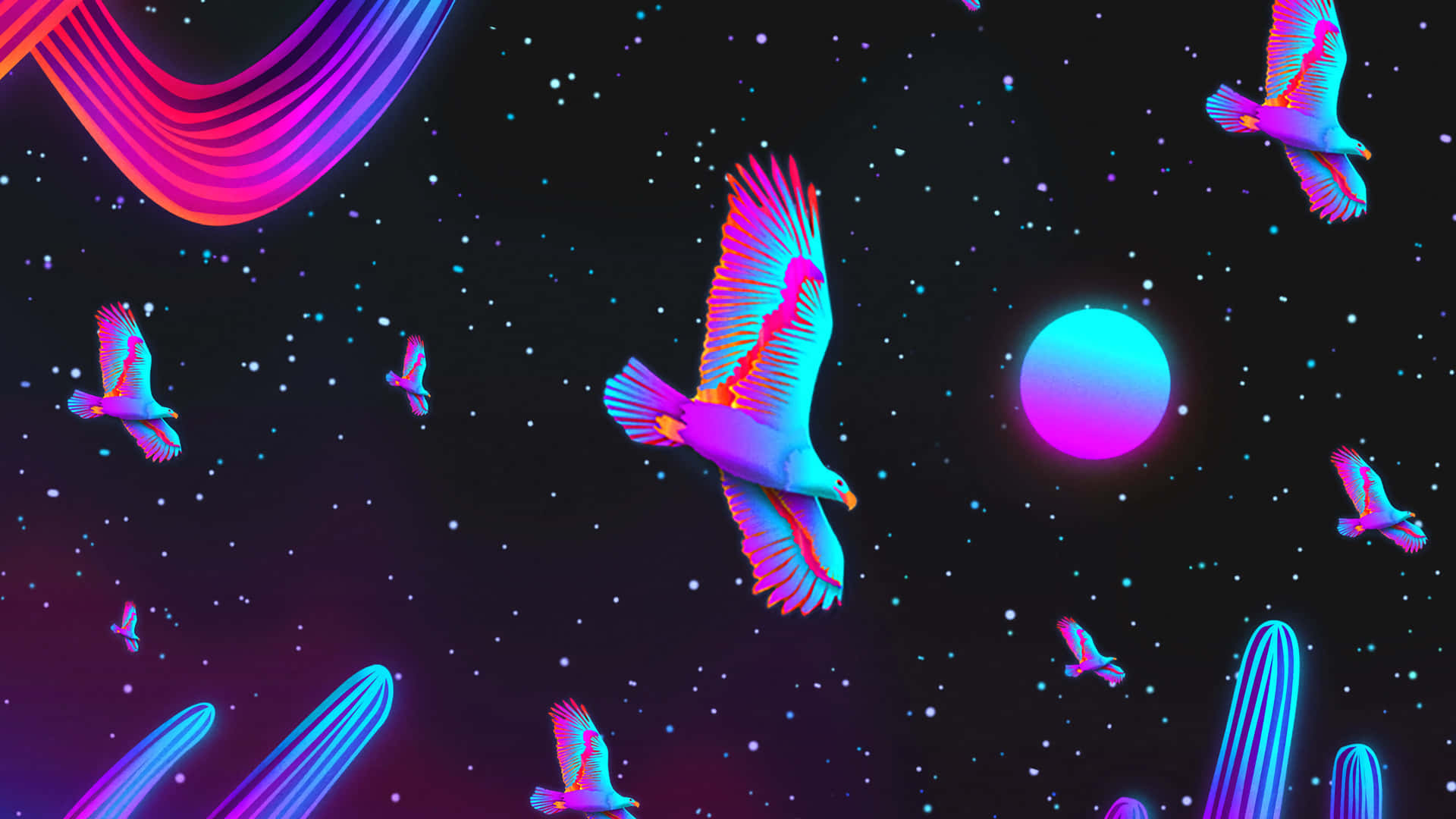 a colorful background with birds flying in the sky Wallpaper