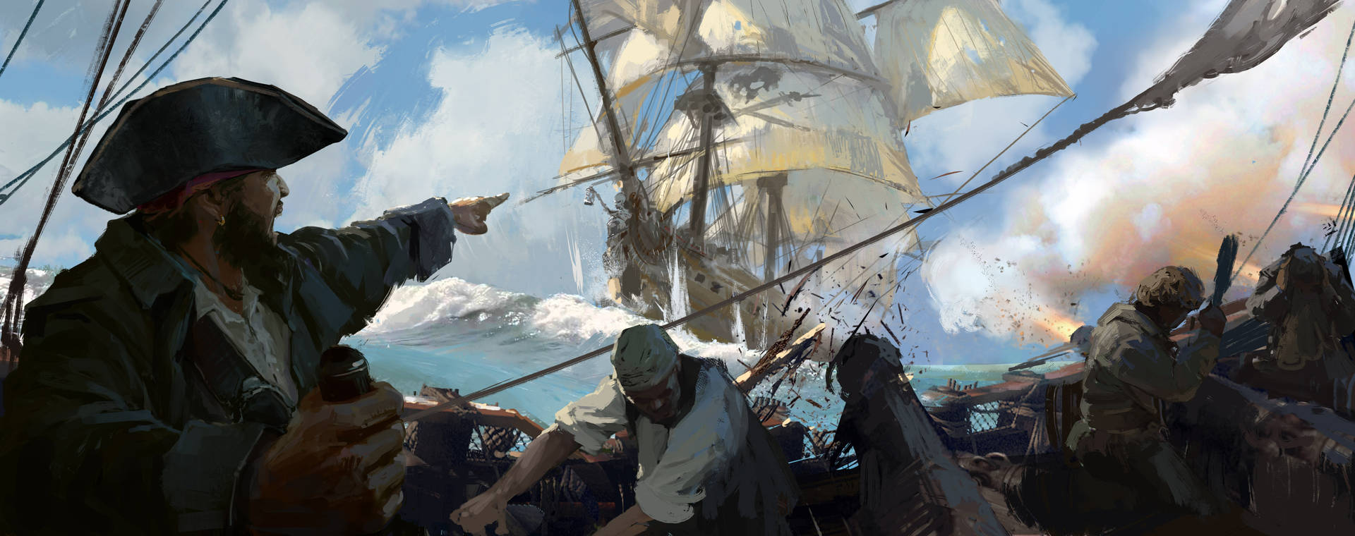 Equipode Piratas En Resolución 4k Atacando Otro Barco Fondo de pantalla