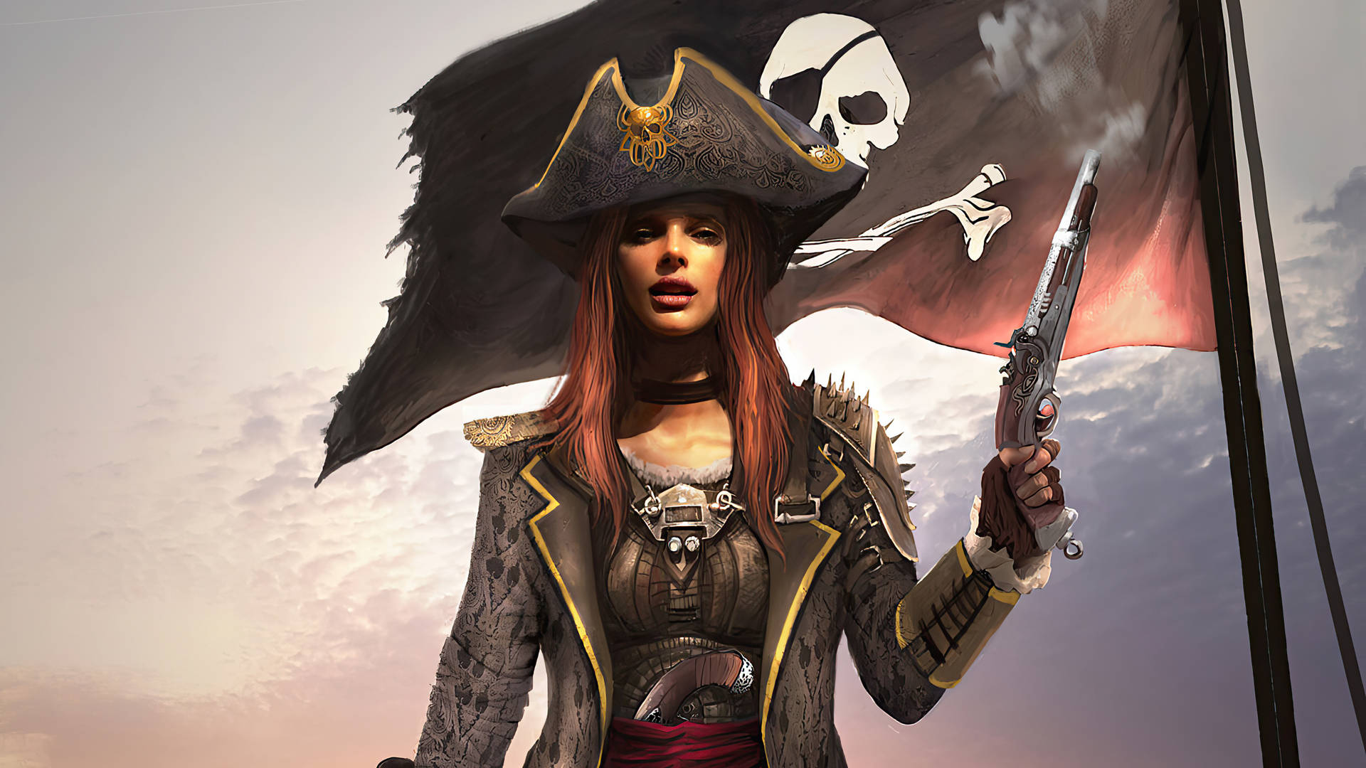 4K Pirate Female Captain And Flag Wallpaper