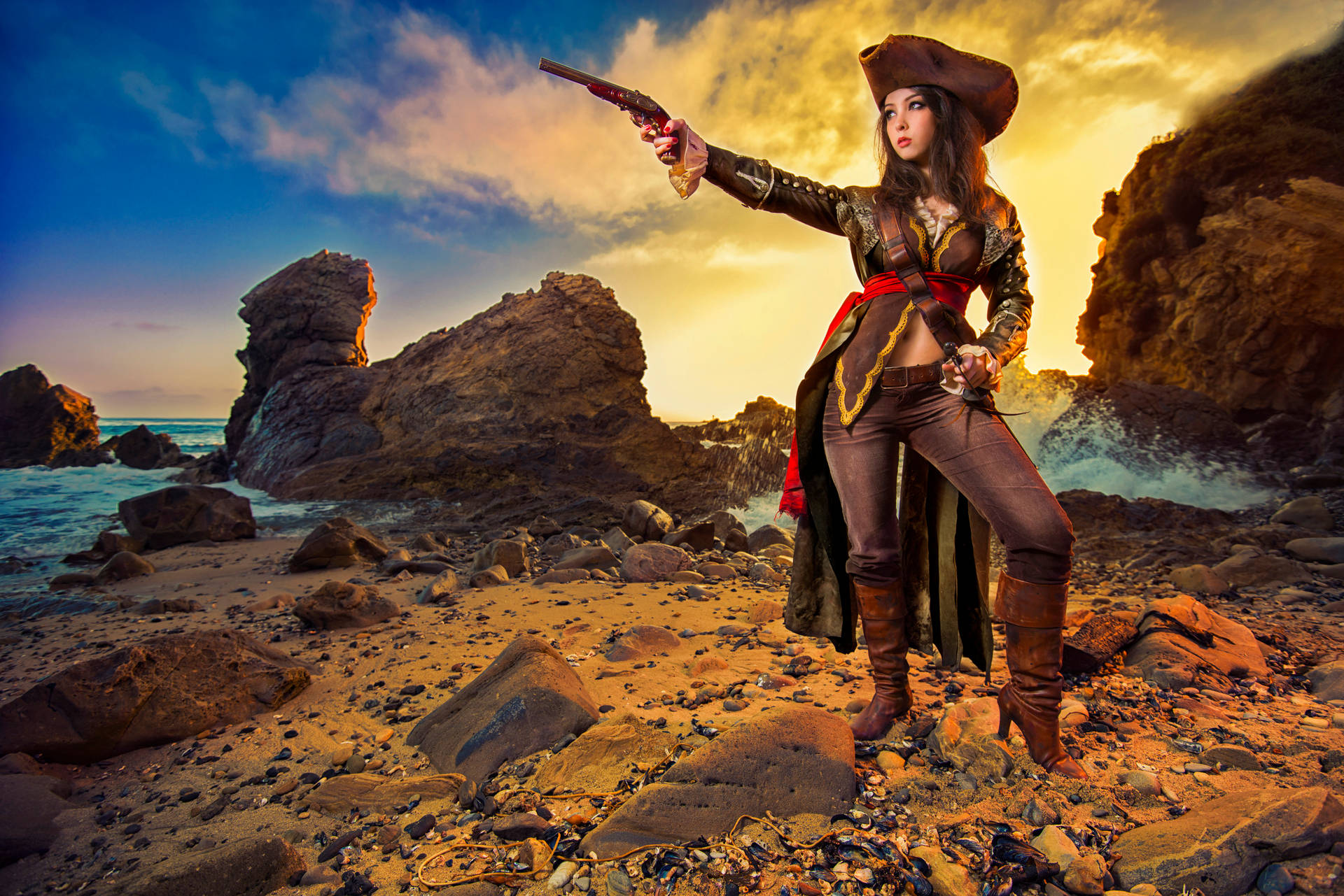 4K Pirate Female Captain With Gun Wallpaper