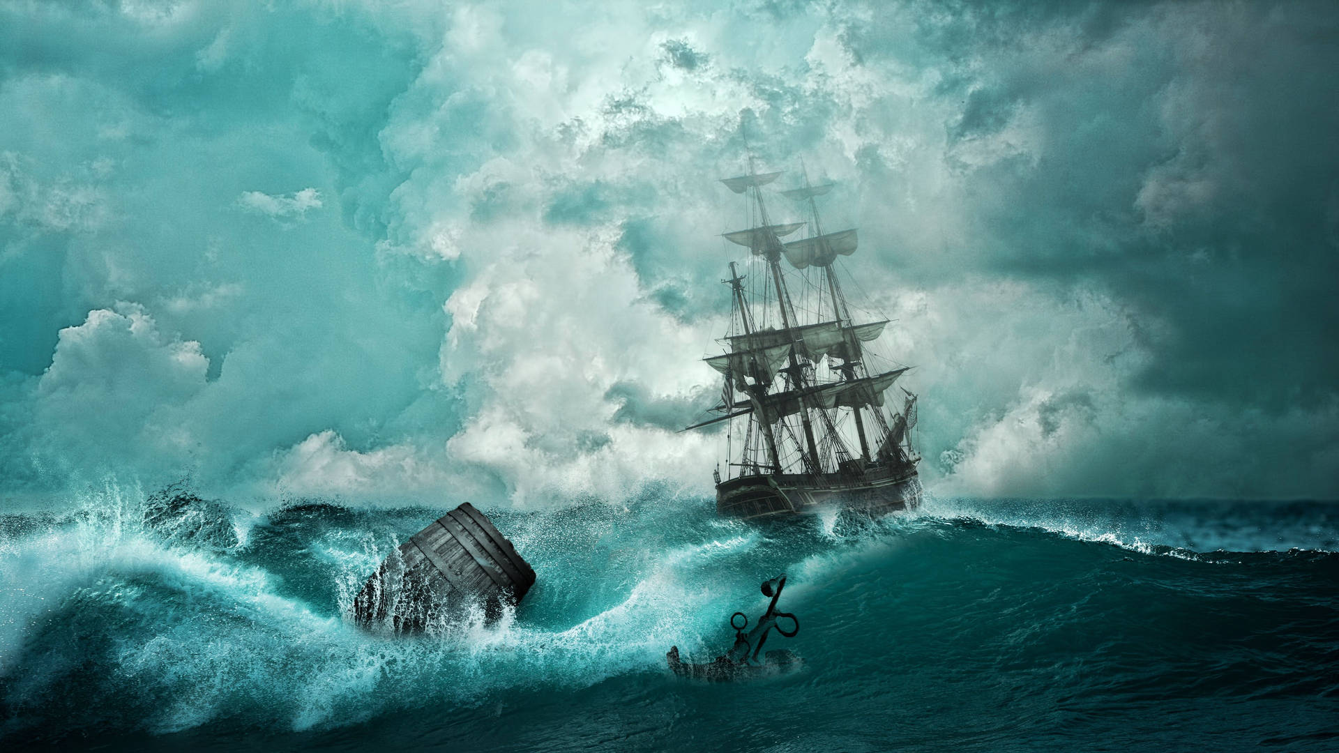 4K Pirate Ship Caught In Strong Waves Wallpaper