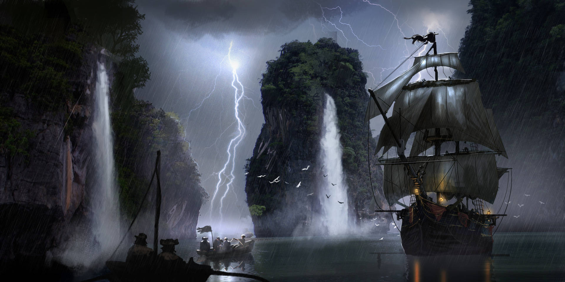 4K Pirate Ship During Thunder Storm Wallpaper