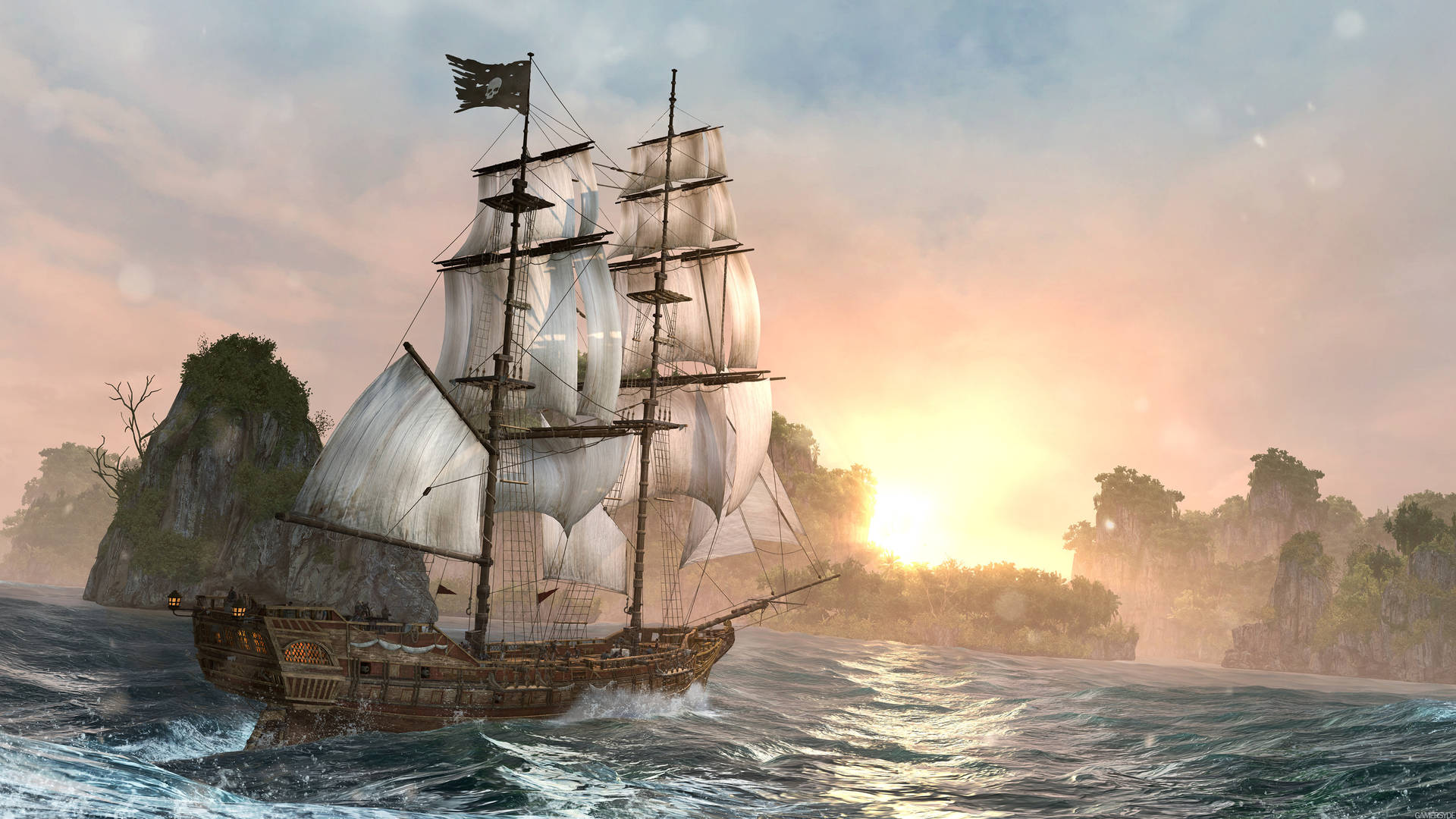 4K Piratskib sejler under et brændende solnedgang Wallpaper