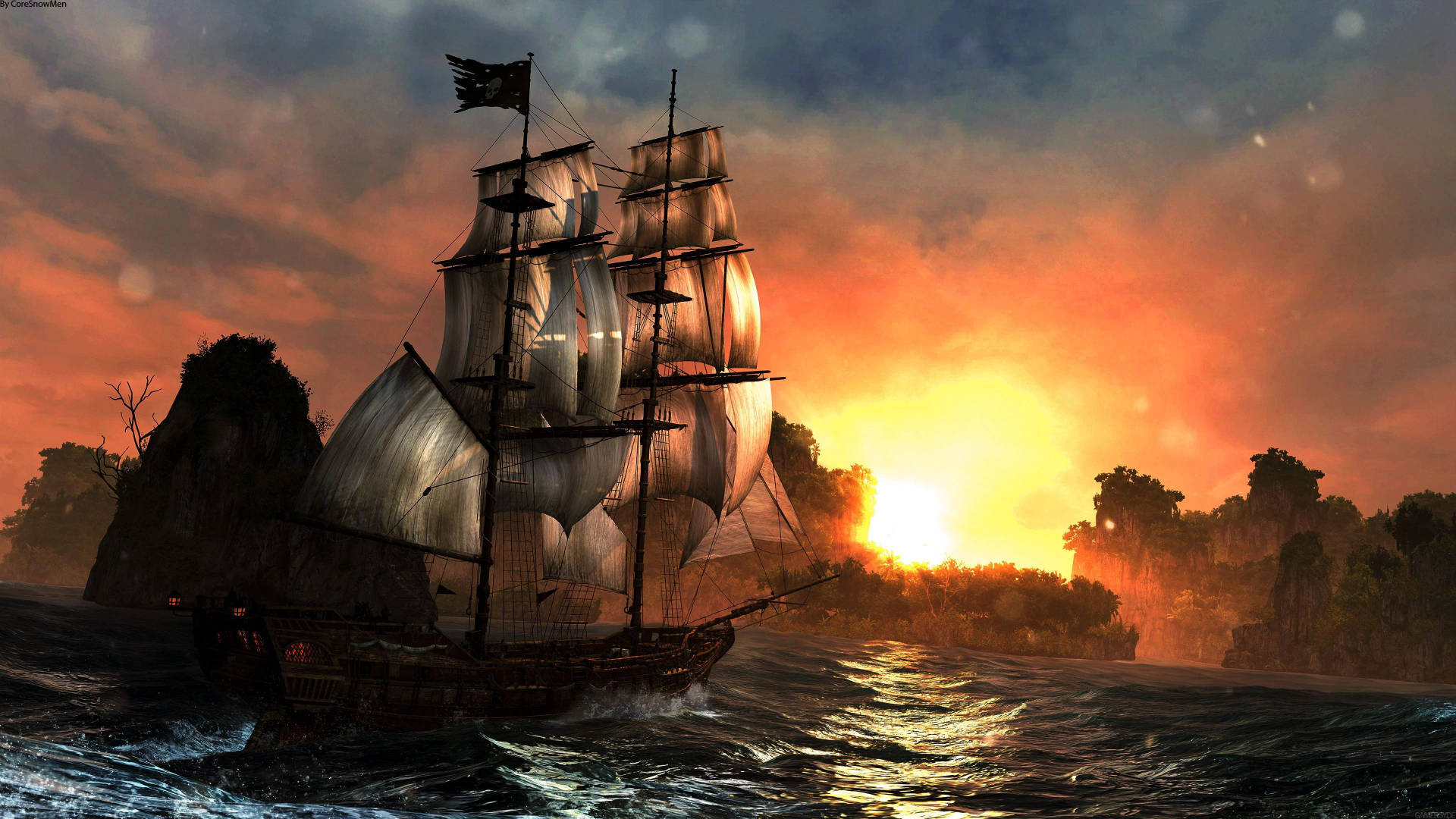 4K Pirate Ship Sunset Wallpaper
