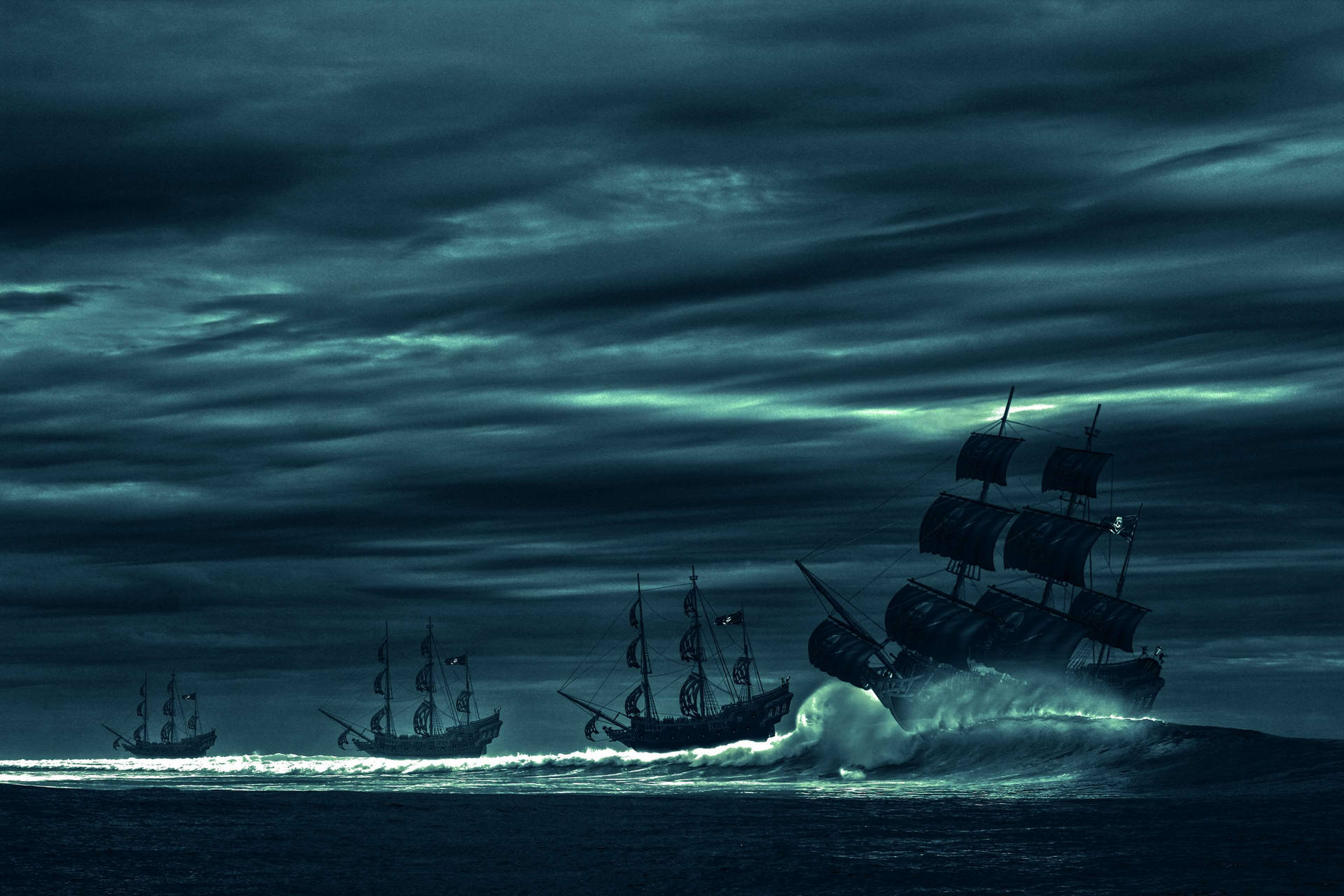 4K Pirate Ships During Stormy Night Wallpaper