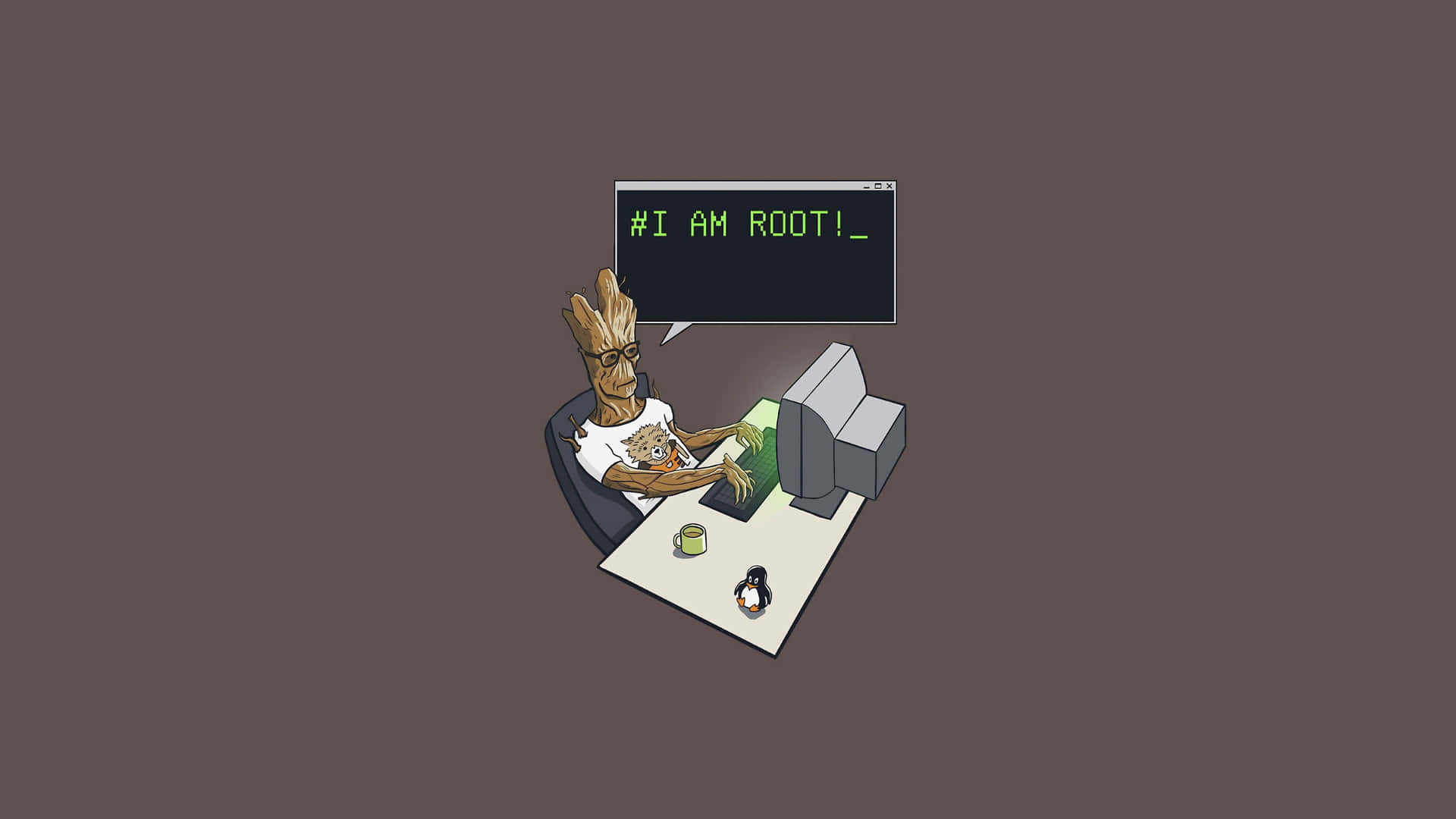 A Cartoon Of A Groot Sitting At A Computer
