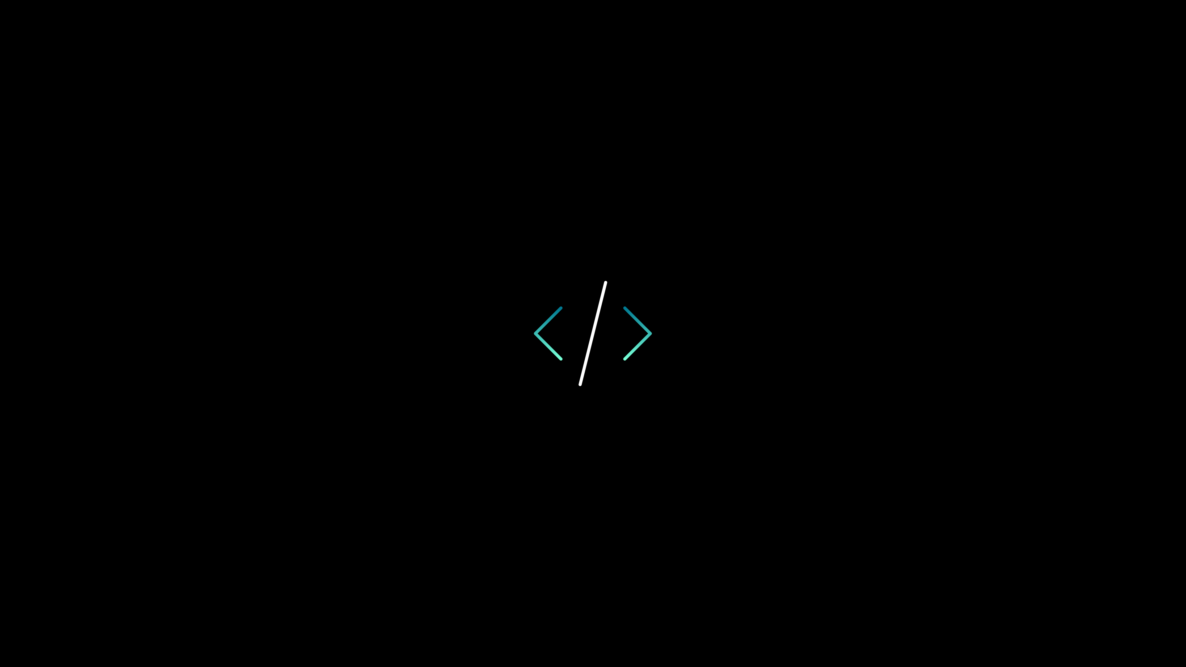 Writing Code on a 4K Monitor Background — Glowing teal and white HTML tag symbols centered on a pure black background.