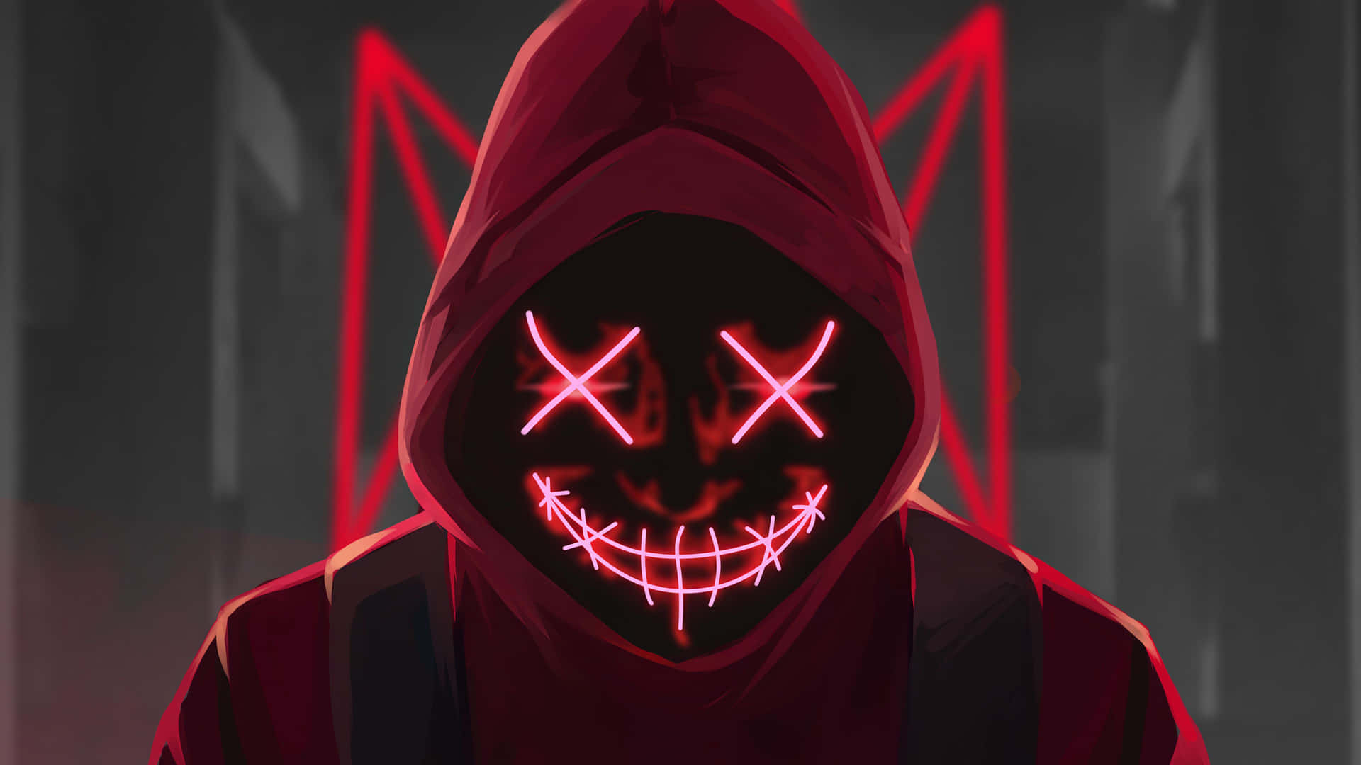 A Red Hooded Man With Red Lights On His Face Wallpaper