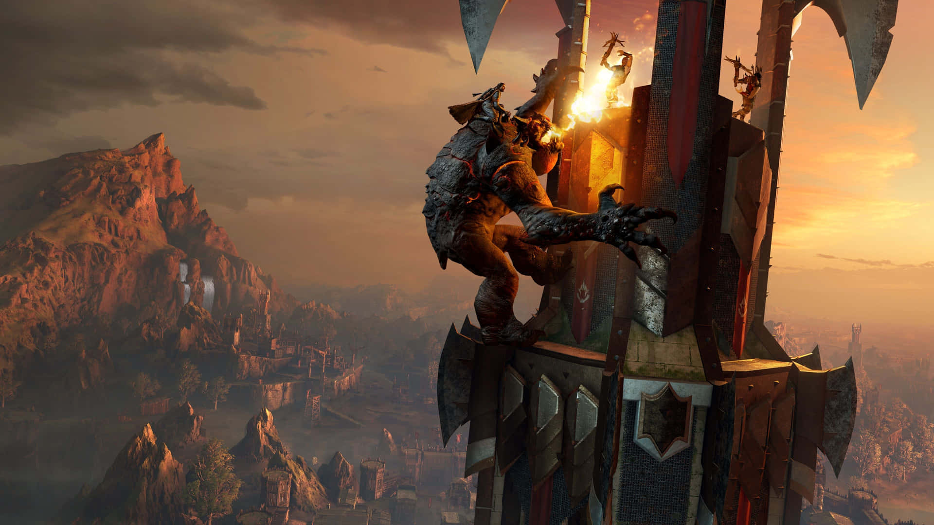 4k Shadow Of War Background Orc Climbing Tower