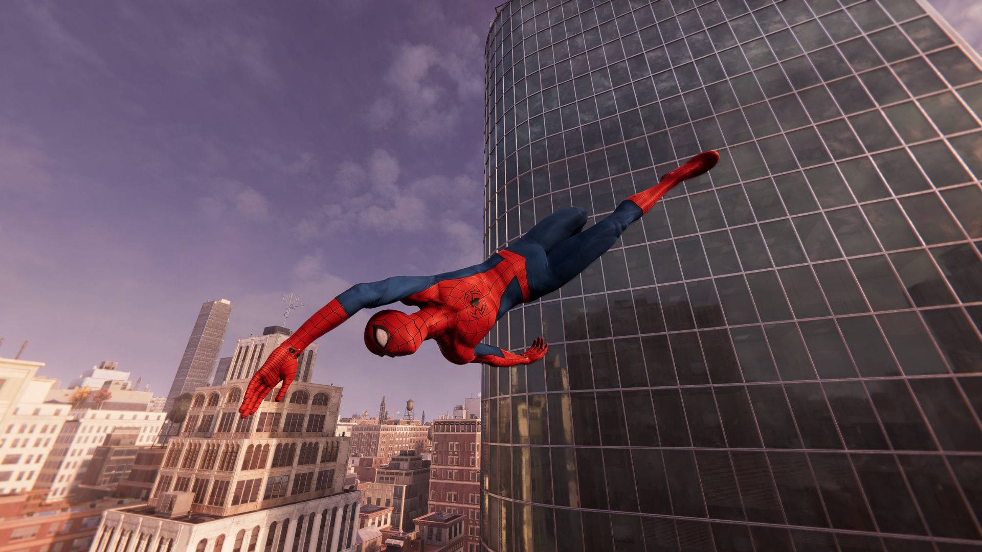 4K Spiderman dykning over Byens Scene Tapet: Wallpaper