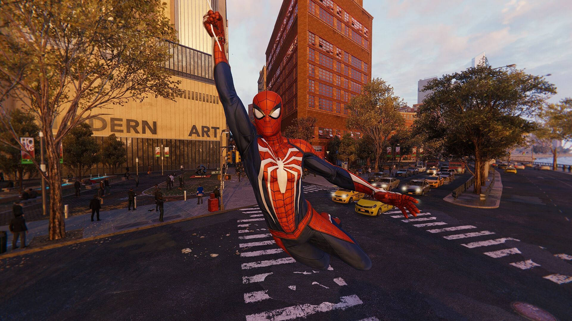 Spidermanvolando En La Ciudad En 4k. Fondo de pantalla