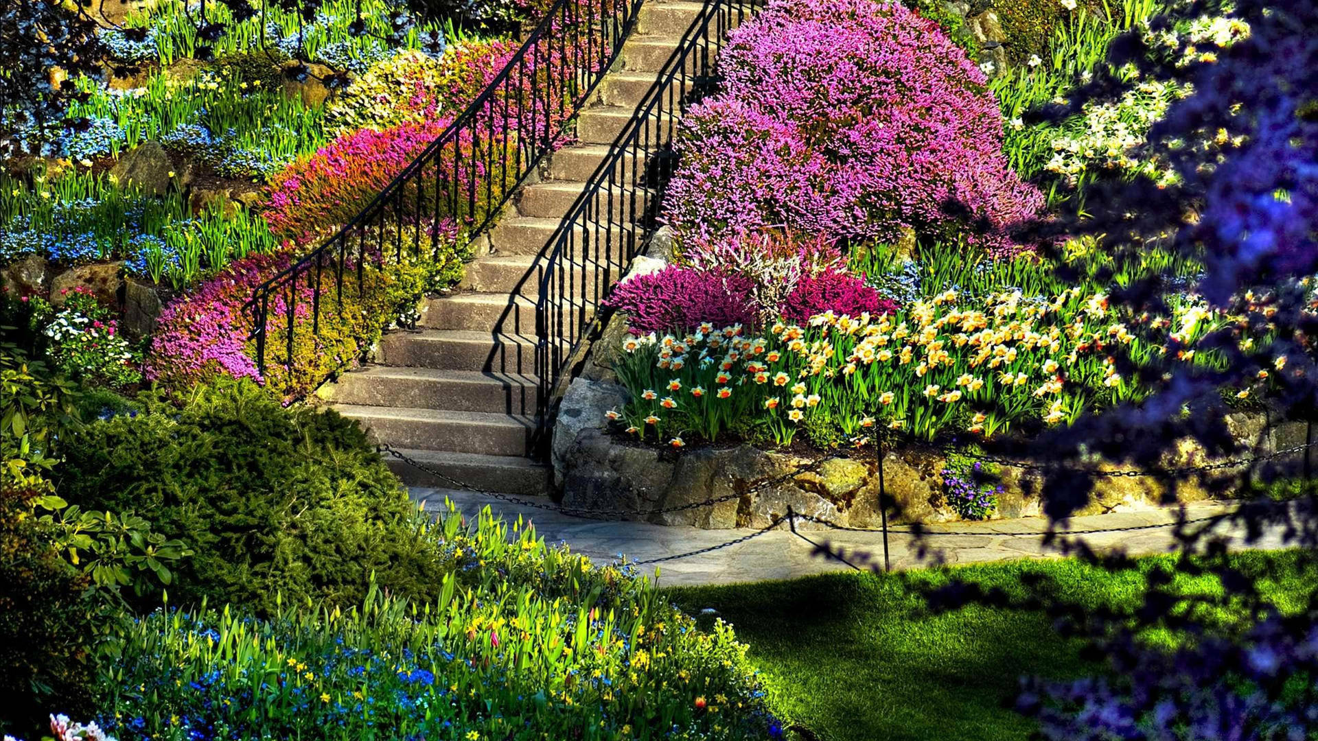 4k Spring Garden Stairs Wallpaper