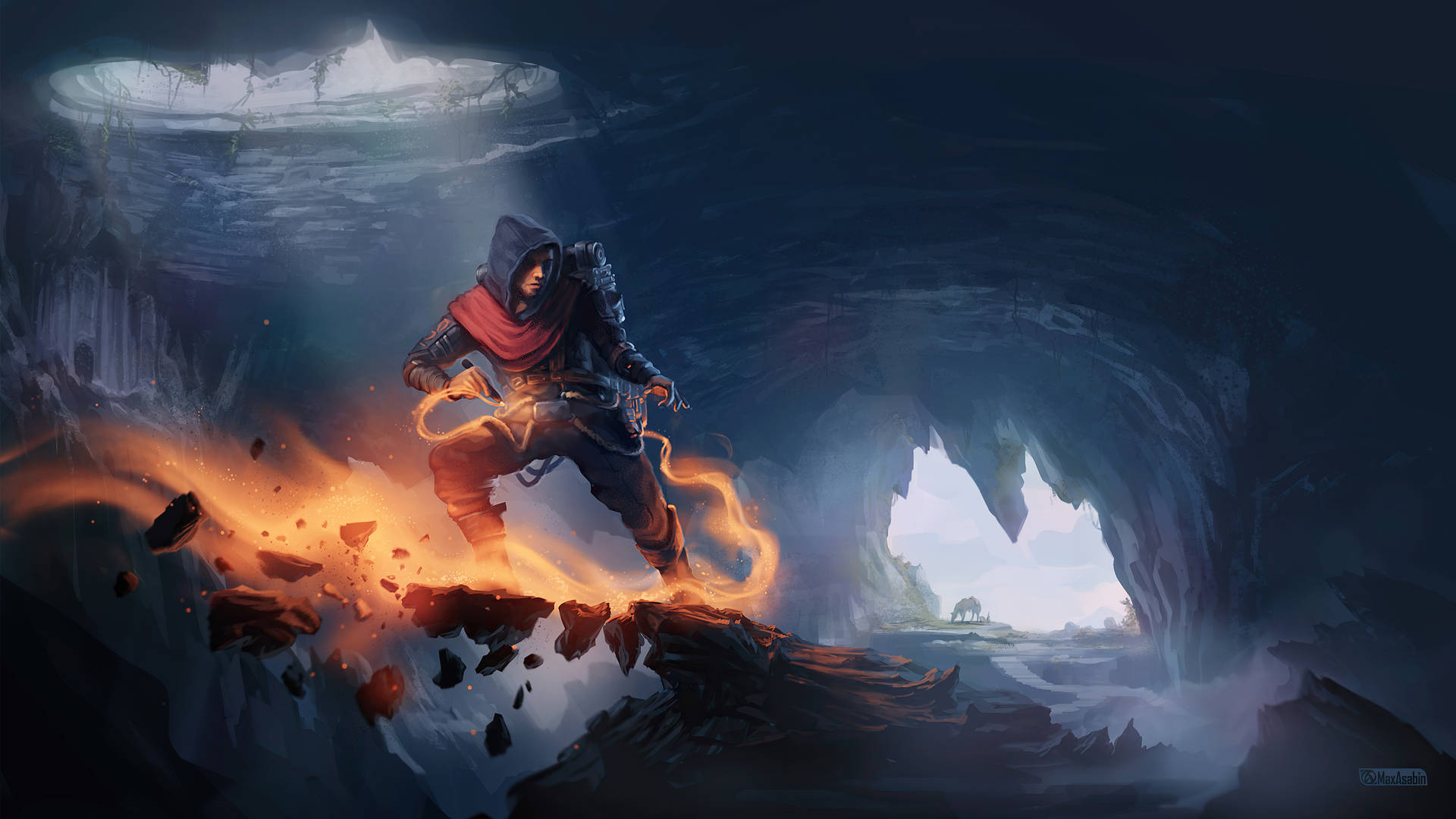 A Man Standing In A Cave With Fire Wallpaper