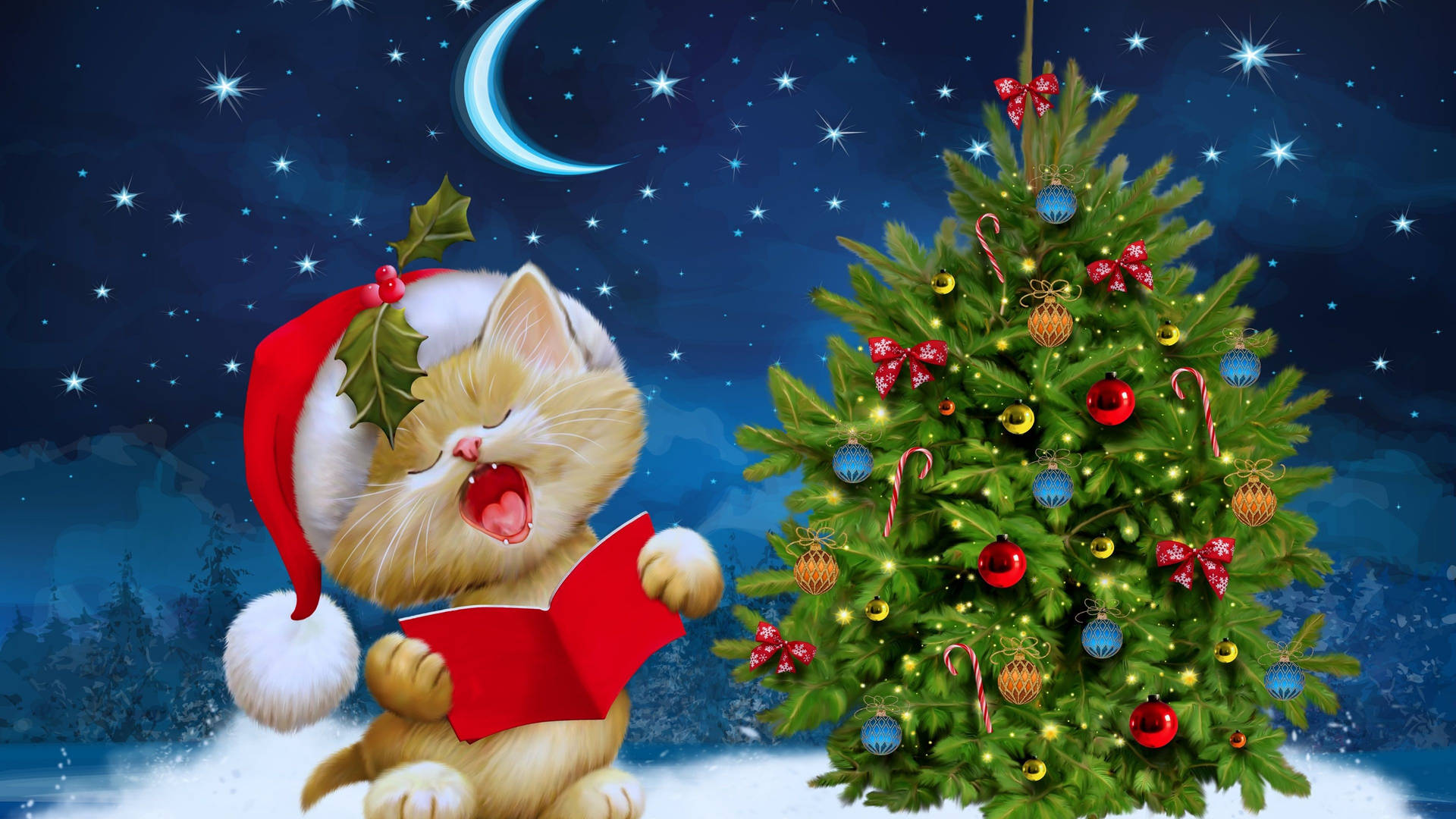 Adorable kitten in a festive Santa hat celebrating Christmas in 4K Ultra HD. Wallpaper