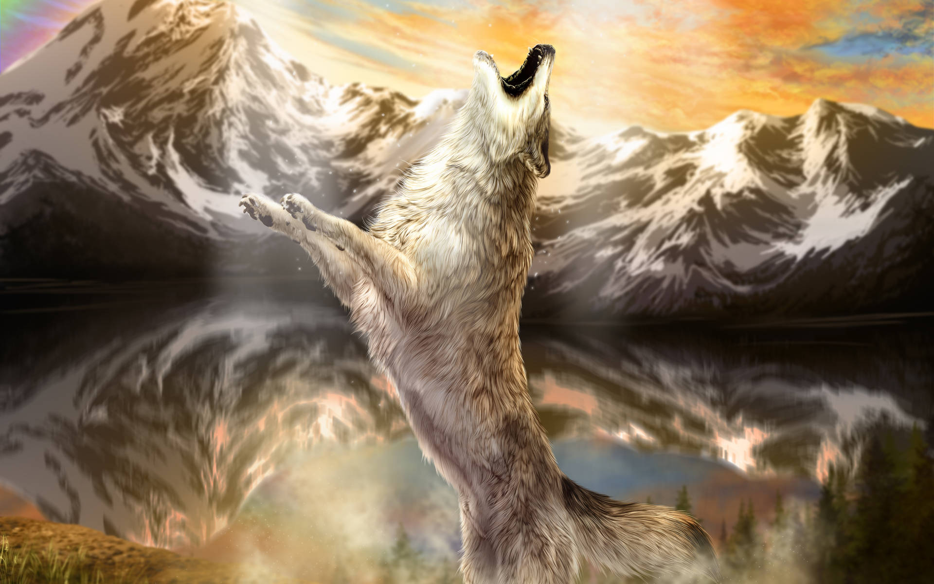 4K Ultra HD Wolf Howling And Mountains Wallpaper