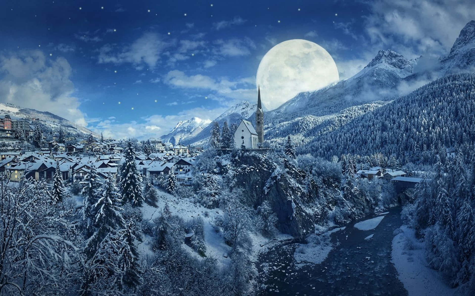 Moon From Alps In 4k Winter Background