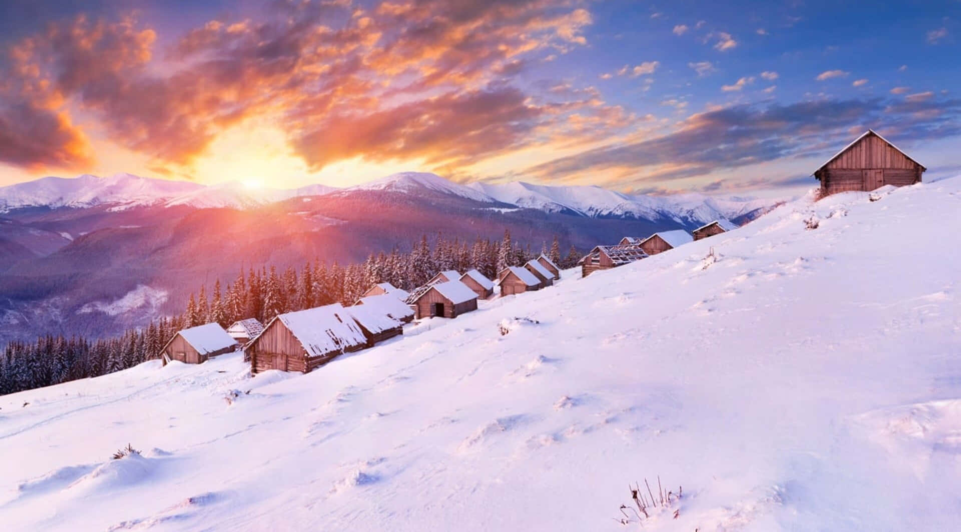 4k Winter Background With Sun Rise In Village Background