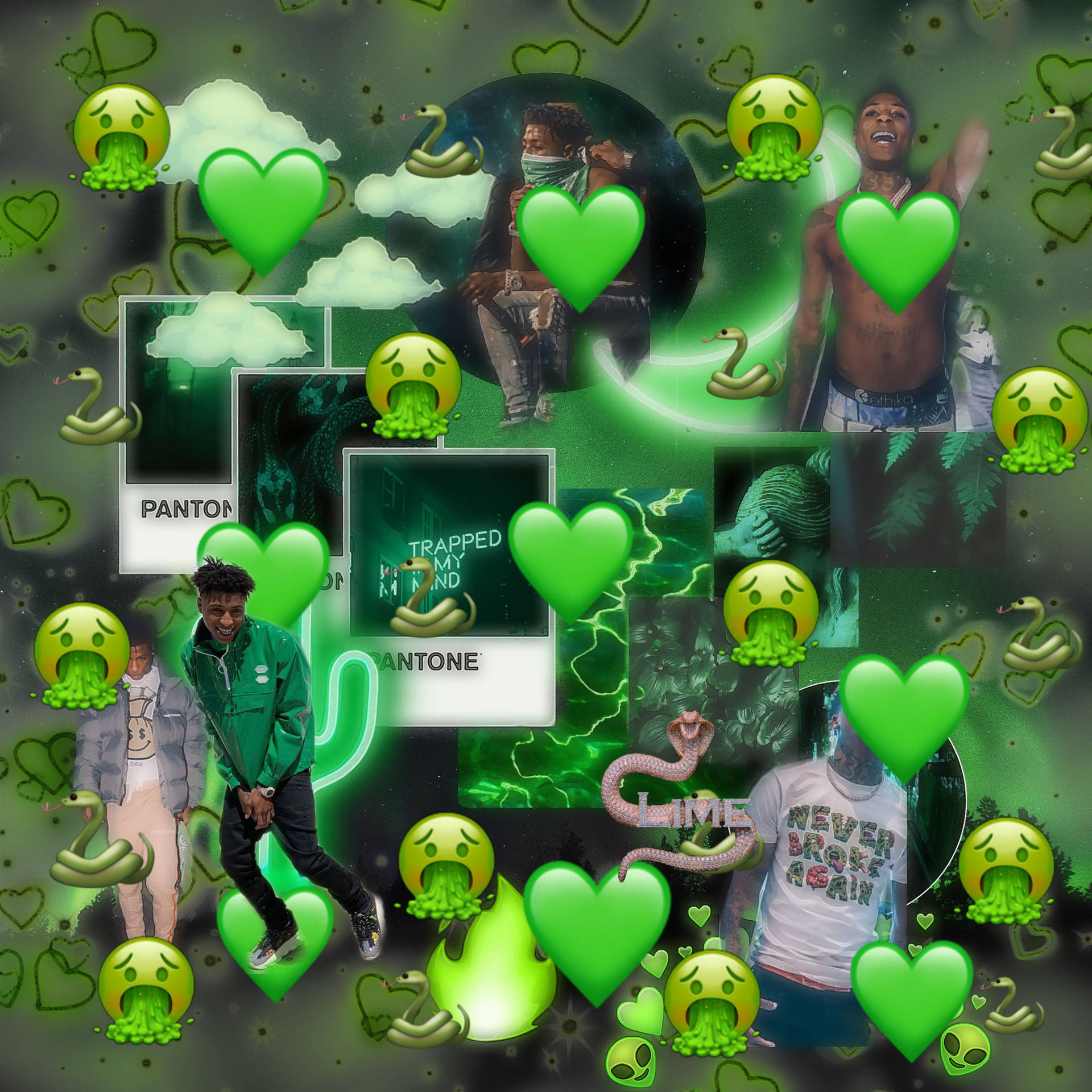 A Collage Of Green Hearts And Other Images Wallpaper