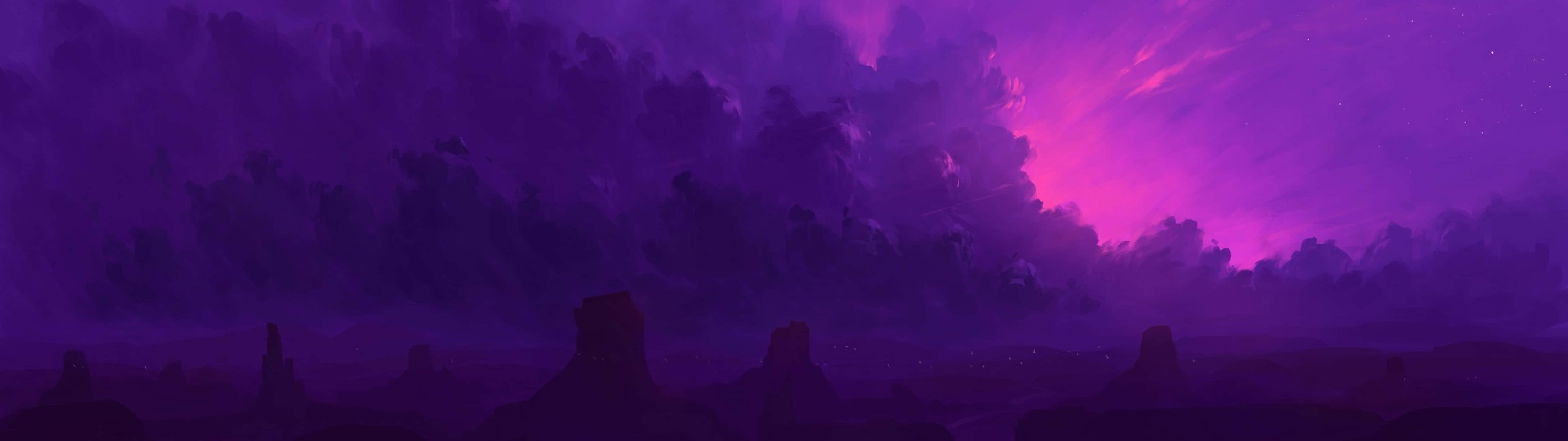 A Purple Landscape With Mountains And Trees Wallpaper