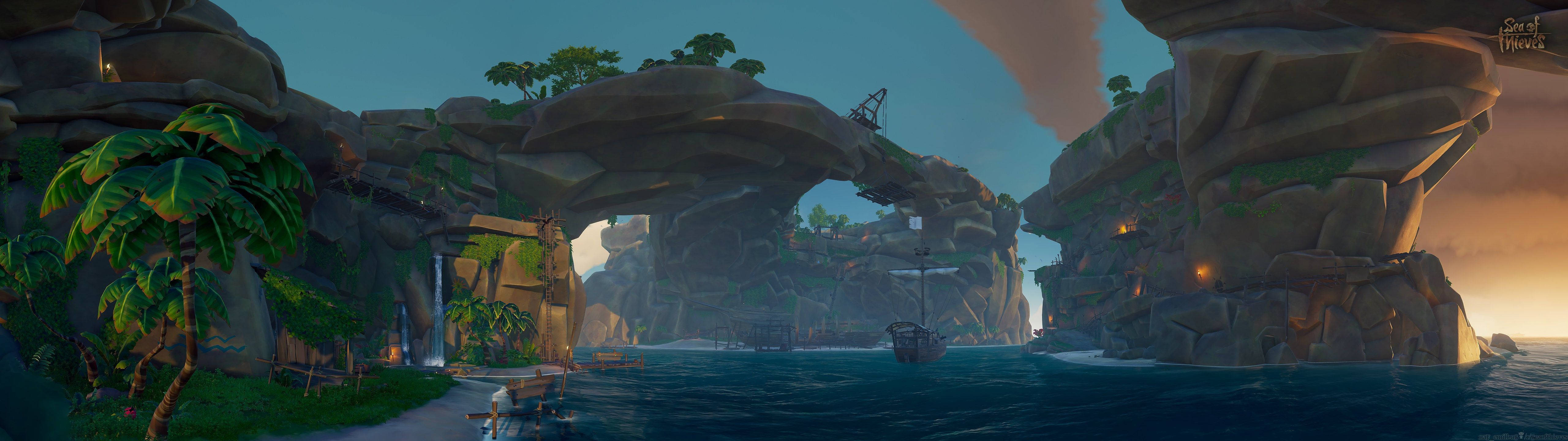 5120x1440 Game Sea Of Thieves Rock Formations Wallpaper