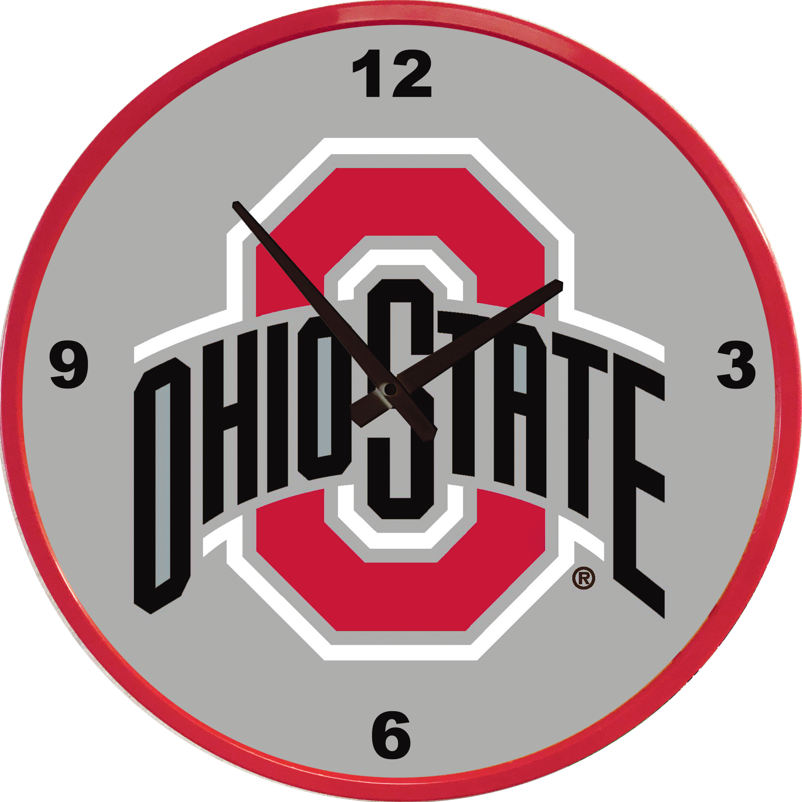 Ohio State University branded wall clock with red gray and black design.