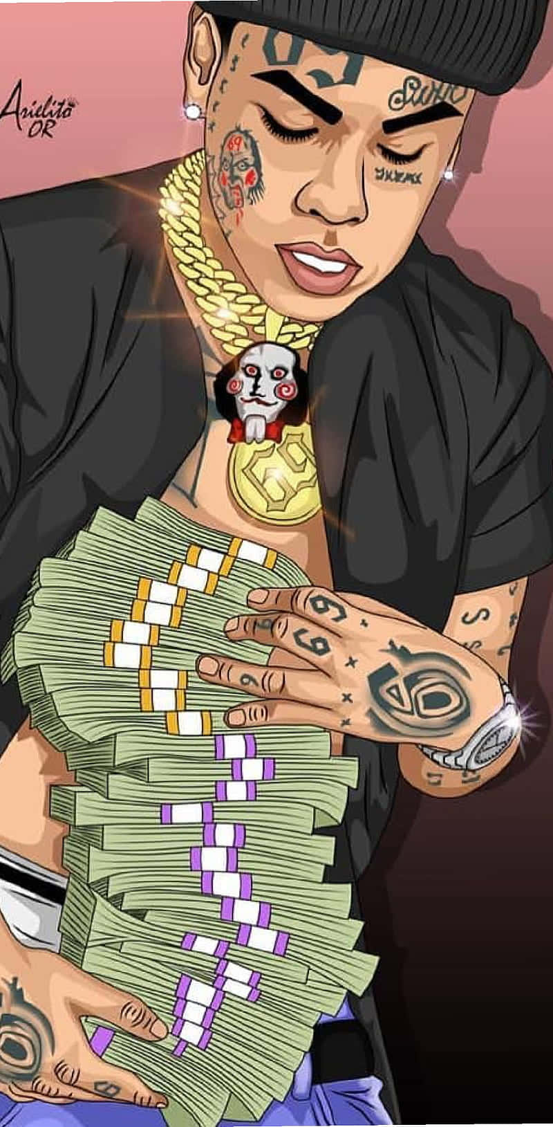 A Cartoon Of A Man Holding Money Wallpaper