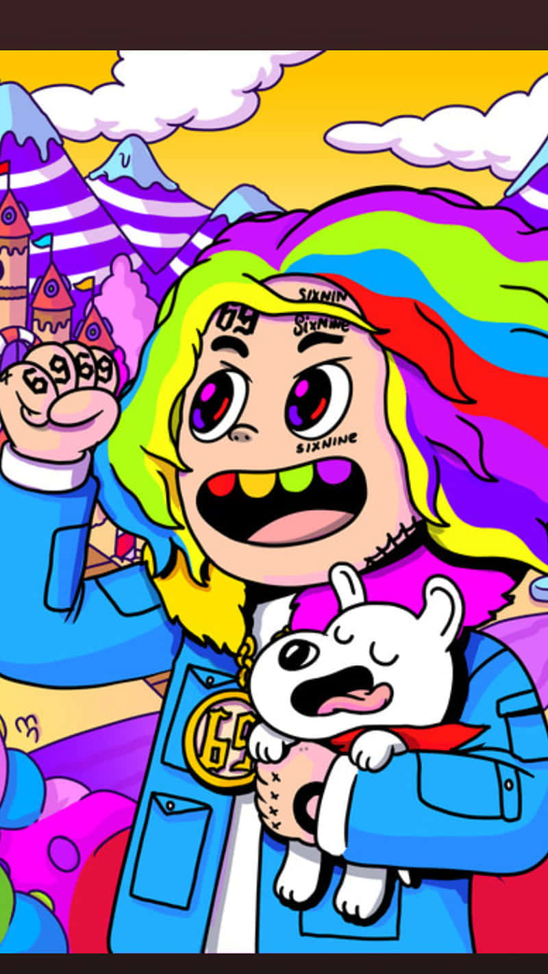 En tegnefilmkarakter med farvestrålende hår og en hund Wallpaper