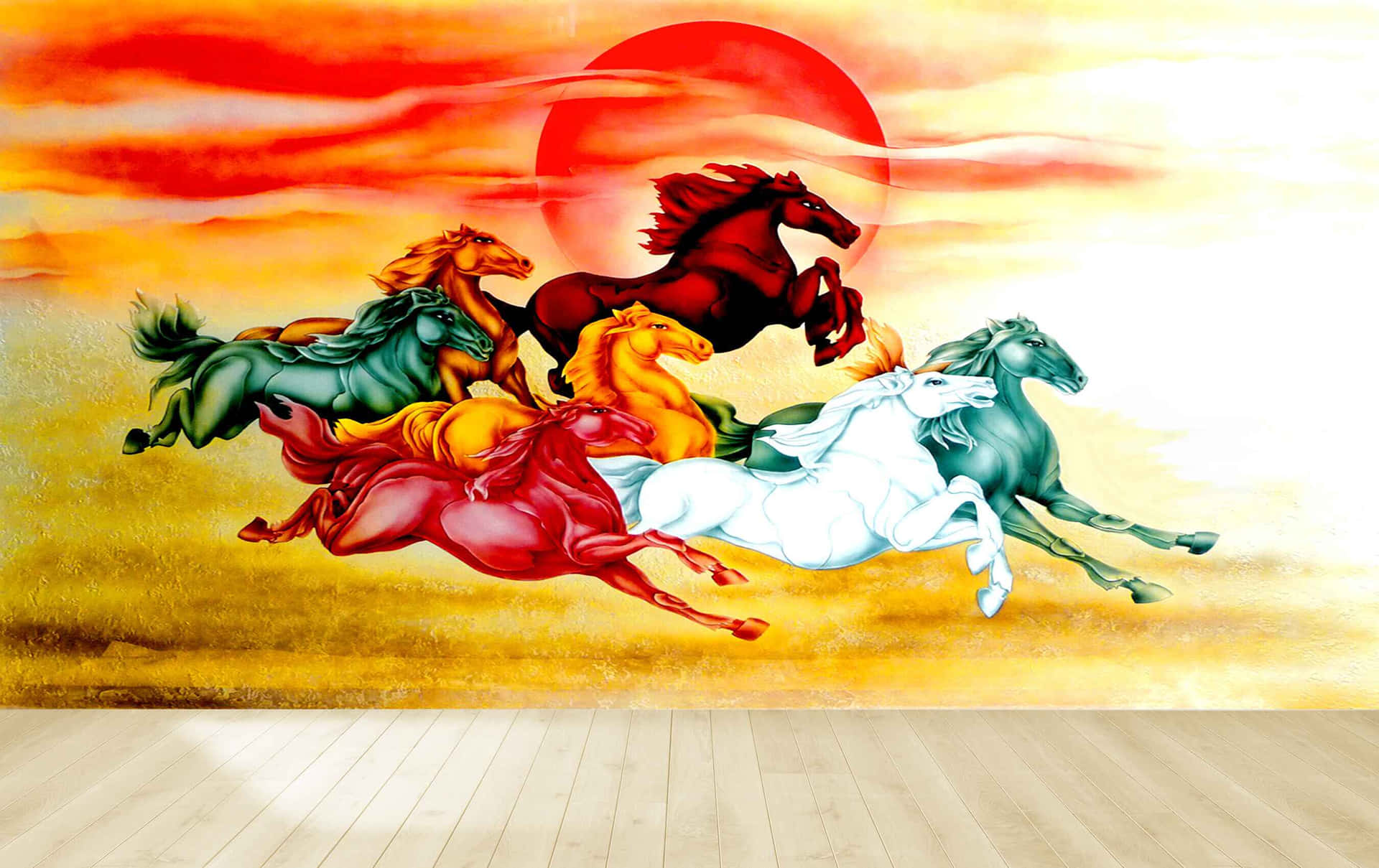 7 heste galoperende mod rød sol. Wallpaper