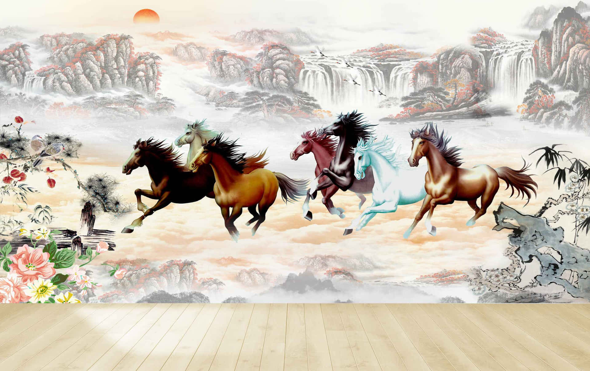 7 Horses Galloping Through Orange Mist Wallpaper