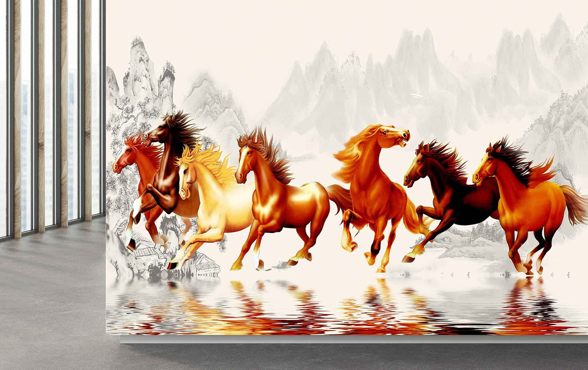 7 Horses Image On Grey Room Wallpaper