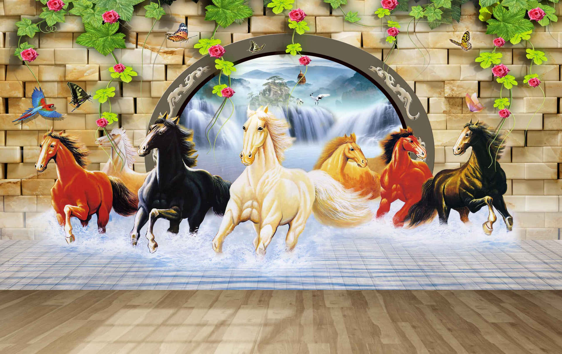Syv heste løber gennem vand Wallpaper