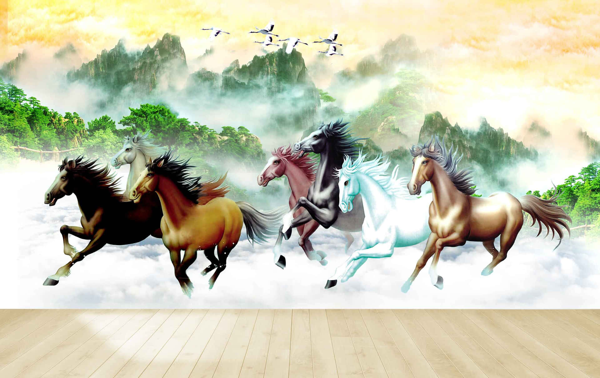 7 Horses Walk Through White Mist Wallpaper