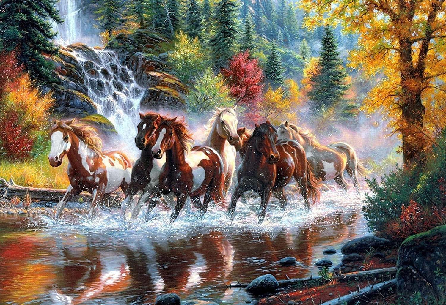 7 Horses Walking Through Forest River Wallpaper
